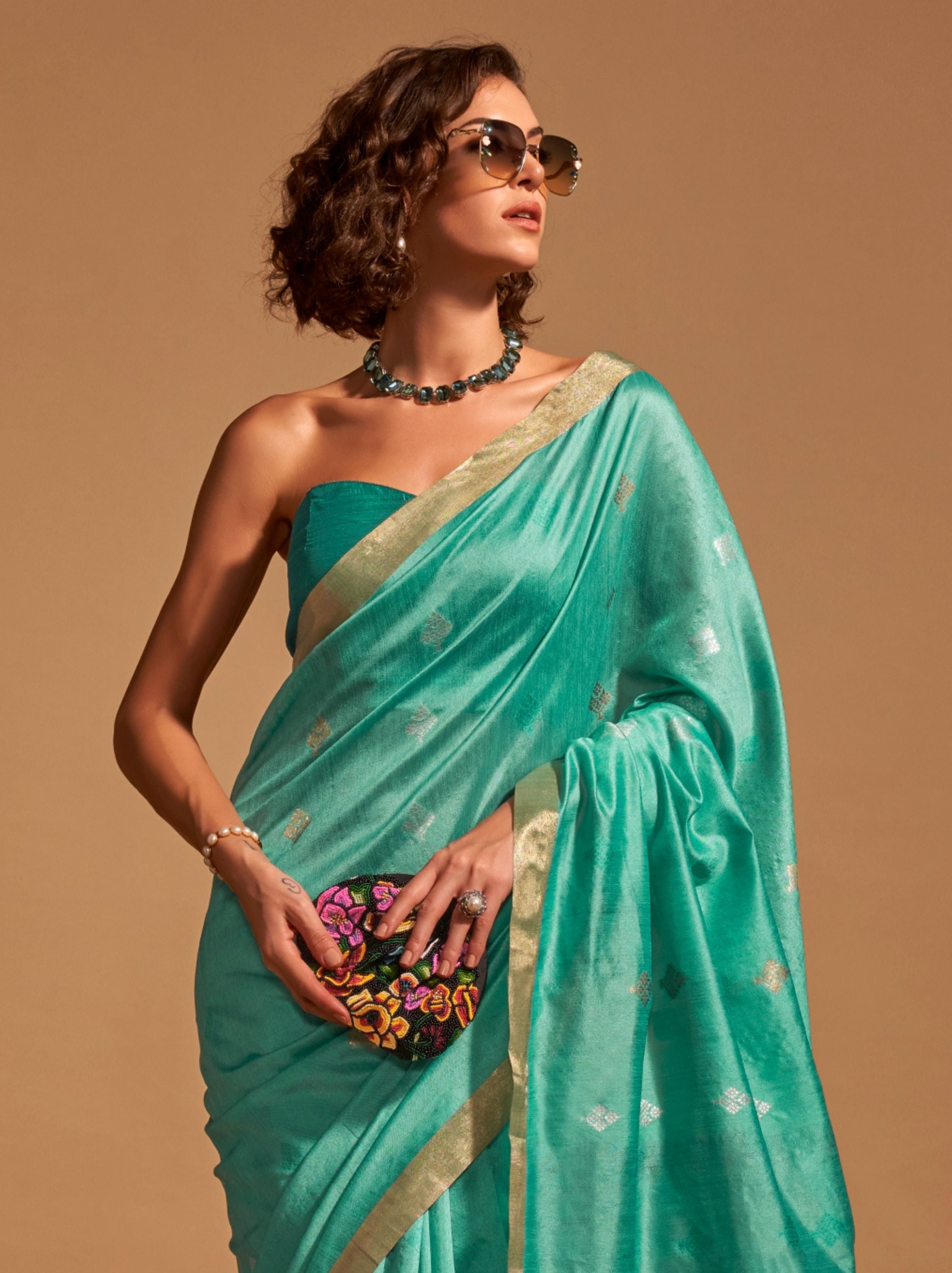 Turquoise Blue Designer Silk Blended Saree - TrendOye