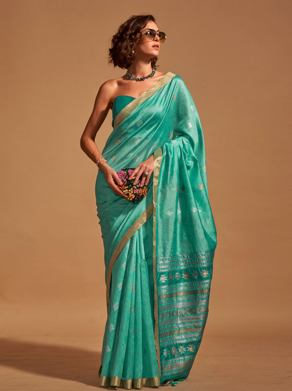 Turquoise Blue Designer  Silk Blended Saree - TrendOye