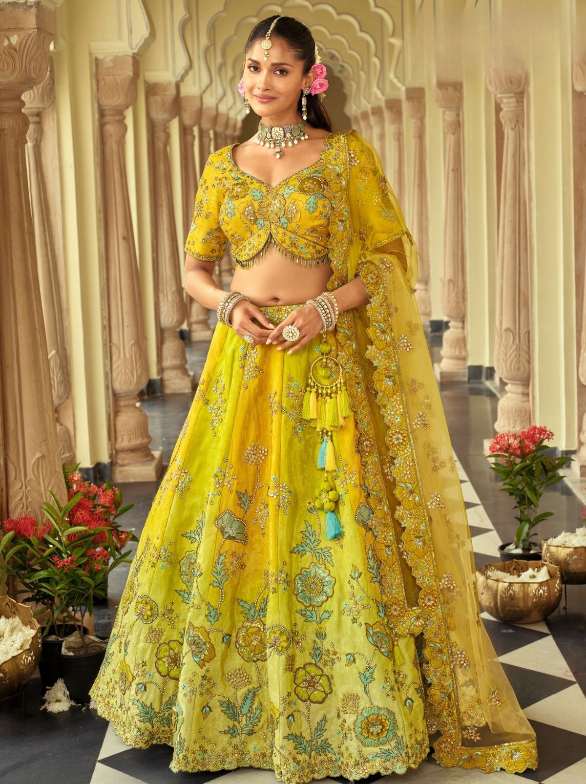 Apple Green Majestic Wedding Lehenga Set With Mirror Work