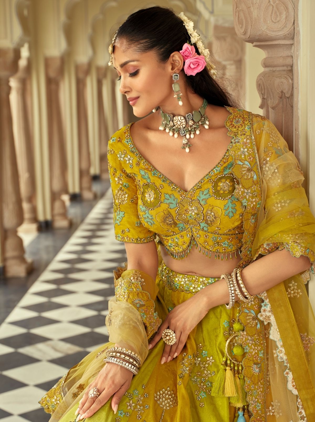 Apple Green Majestic Wedding Lehenga Set With Mirror Work
