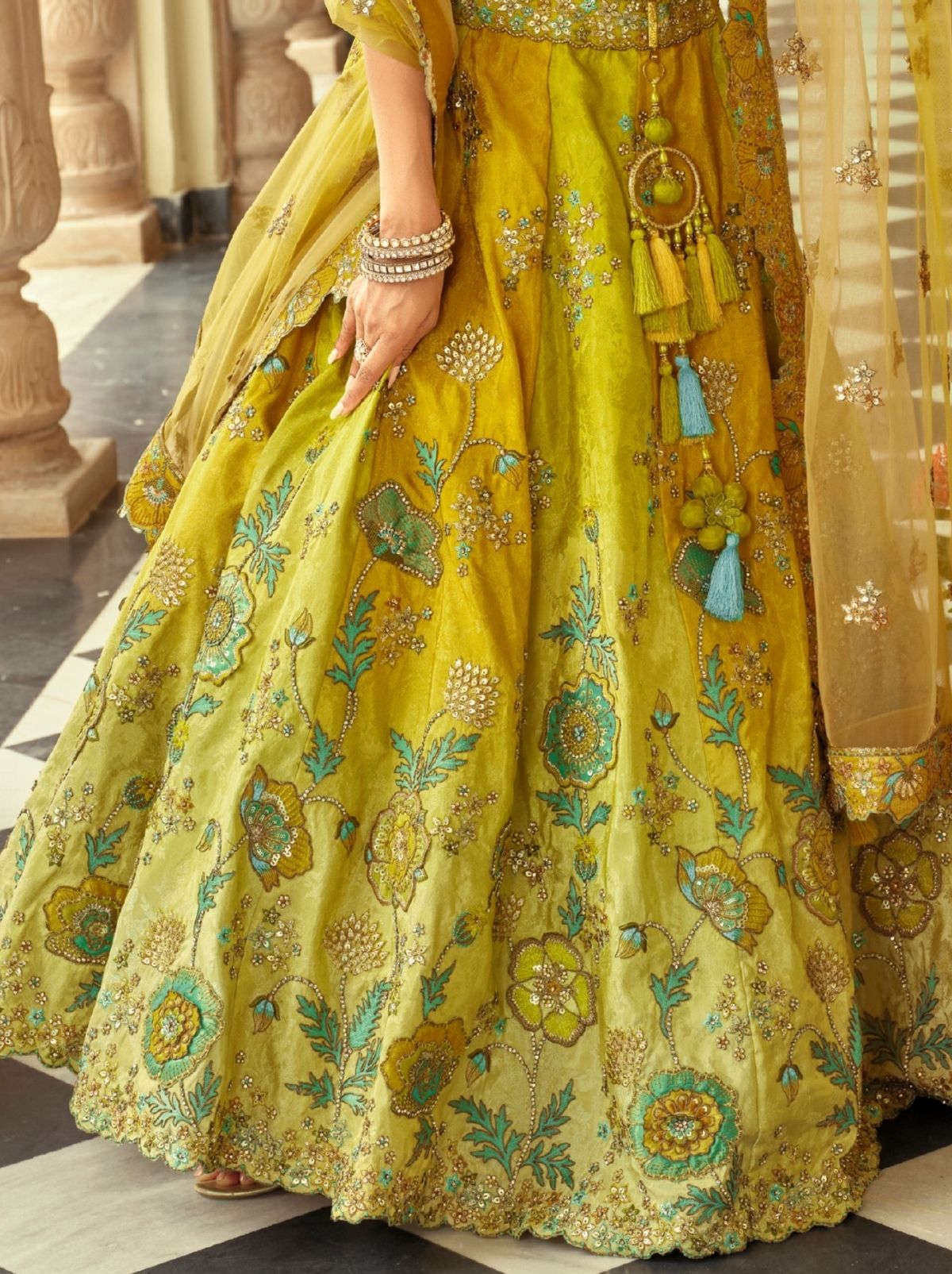 Apple Green Majestic Wedding Lehenga Set With Mirror Work