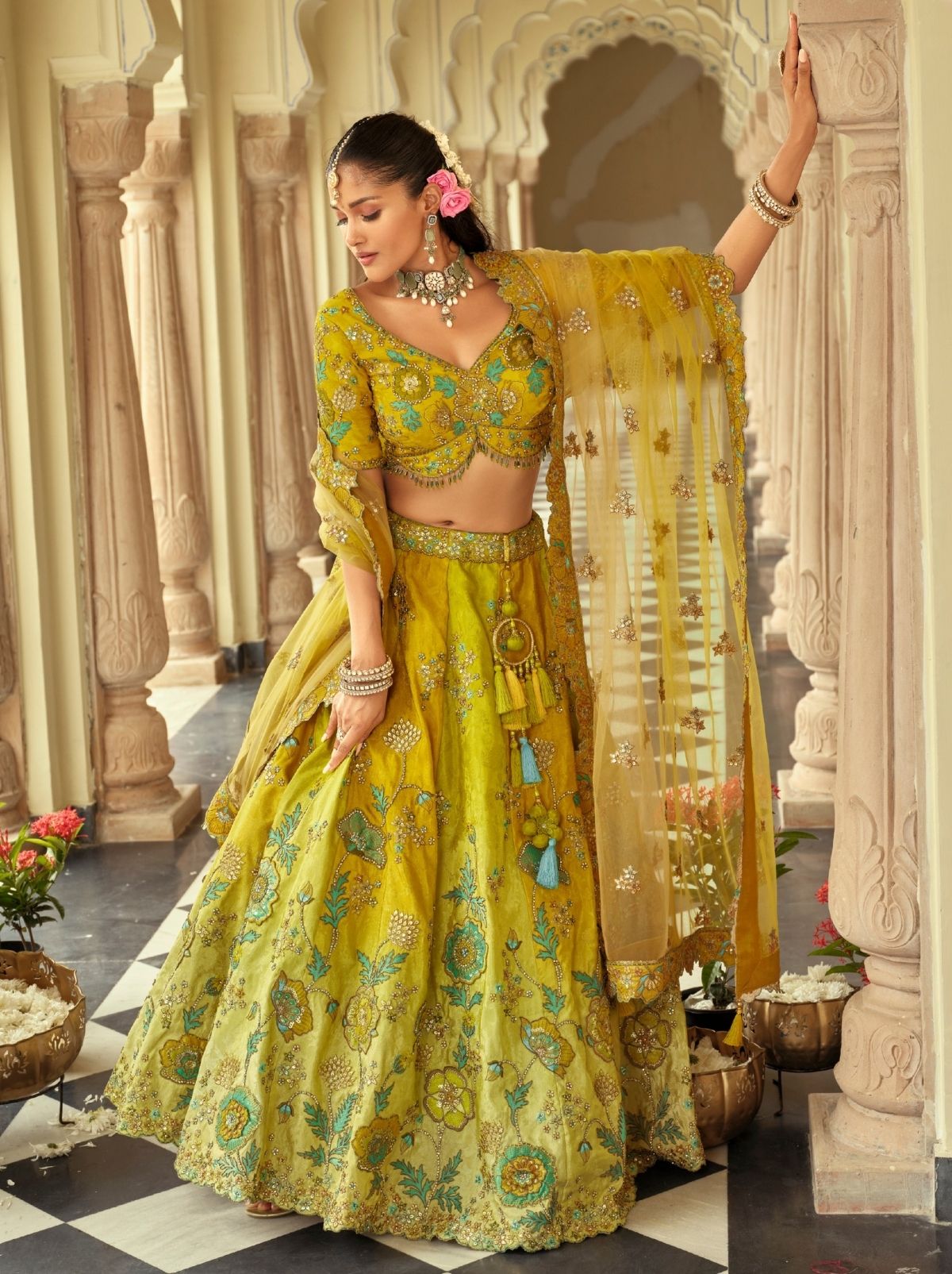 Apple Green Majestic Wedding Lehenga Set With Mirror Work