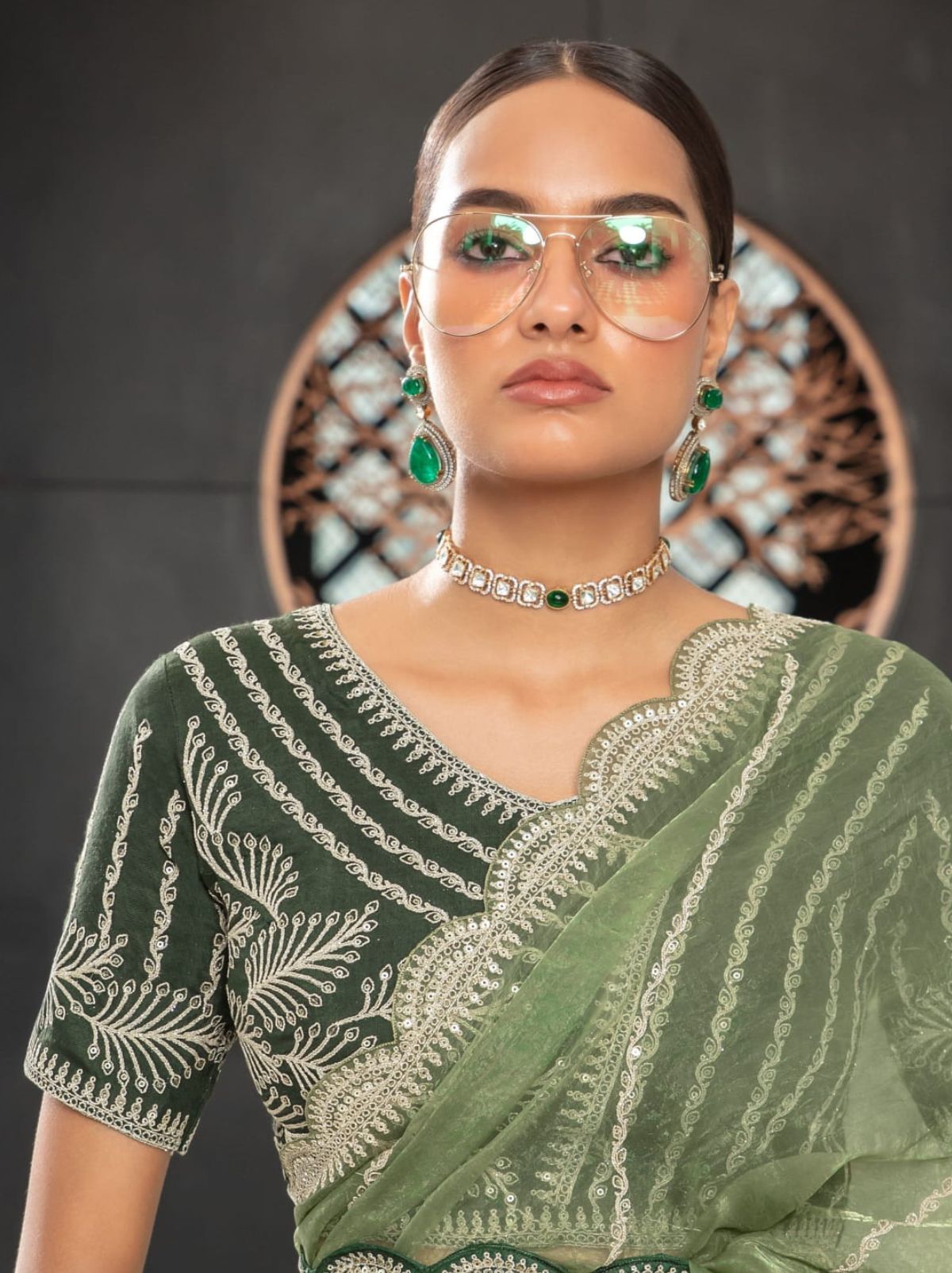Moss Green Premium Organza Designer Saree - TrendOye