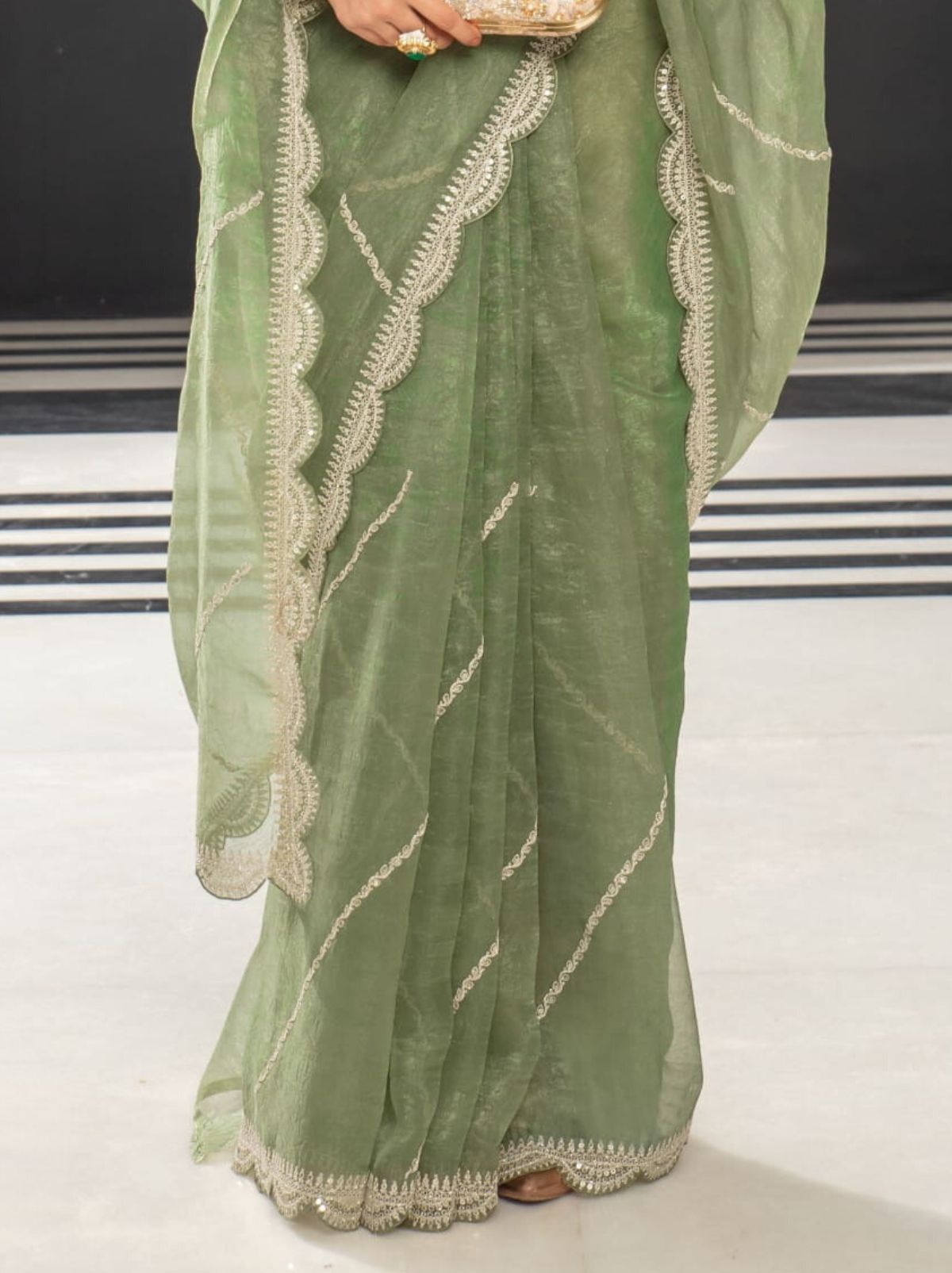 Moss Green Premium Organza Designer Saree - TrendOye
