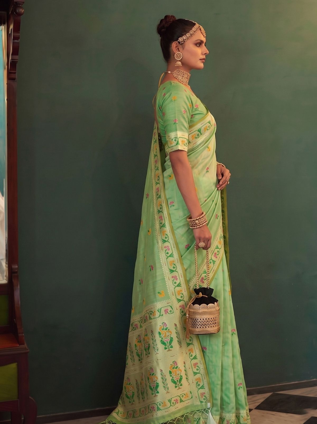 Pistachio Green Opulent Tissue Silk Saree with Soft Gold Zari Work