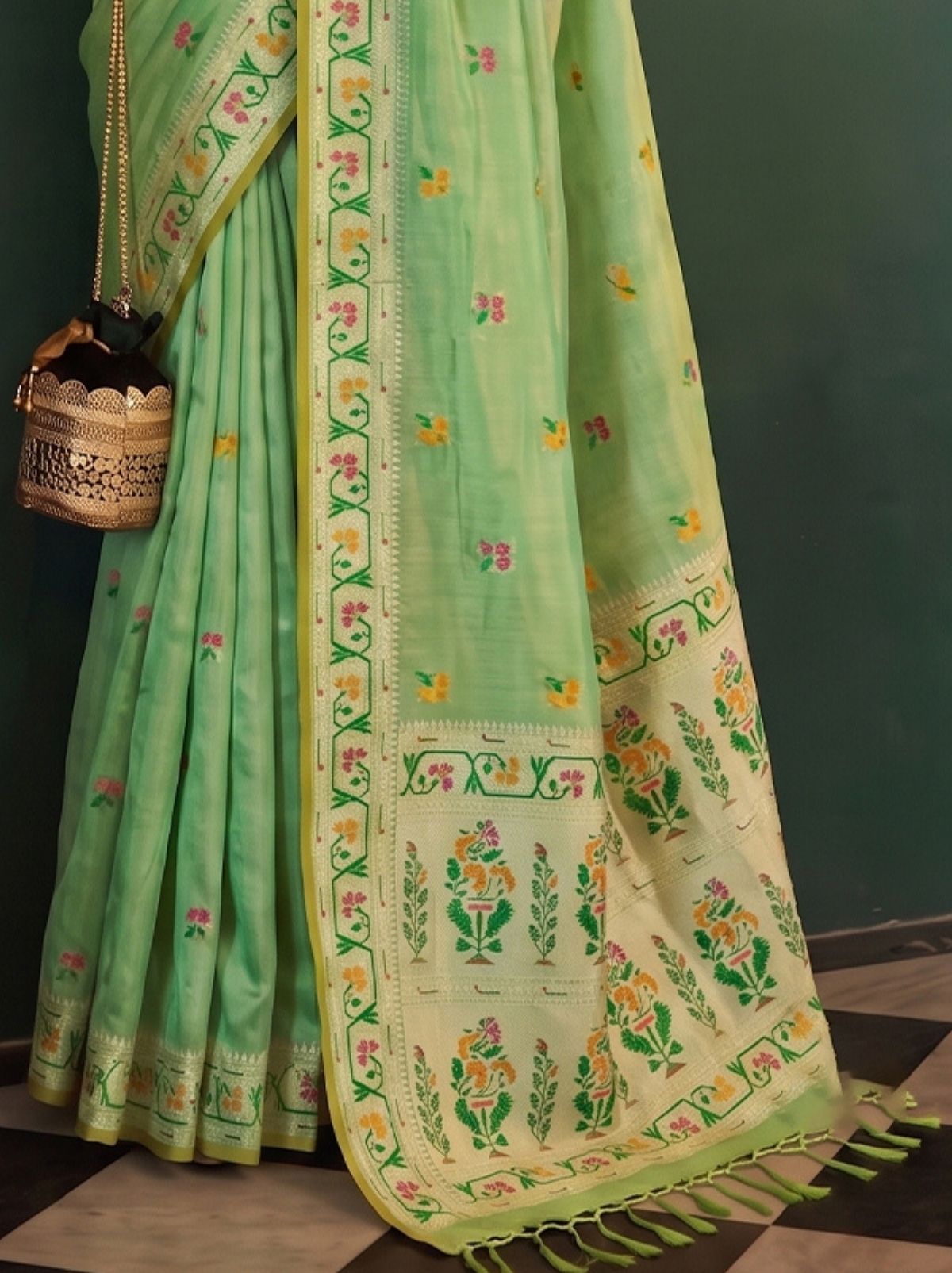 Pistachio Green Opulent Tissue Silk Saree with Soft Gold Zari Work