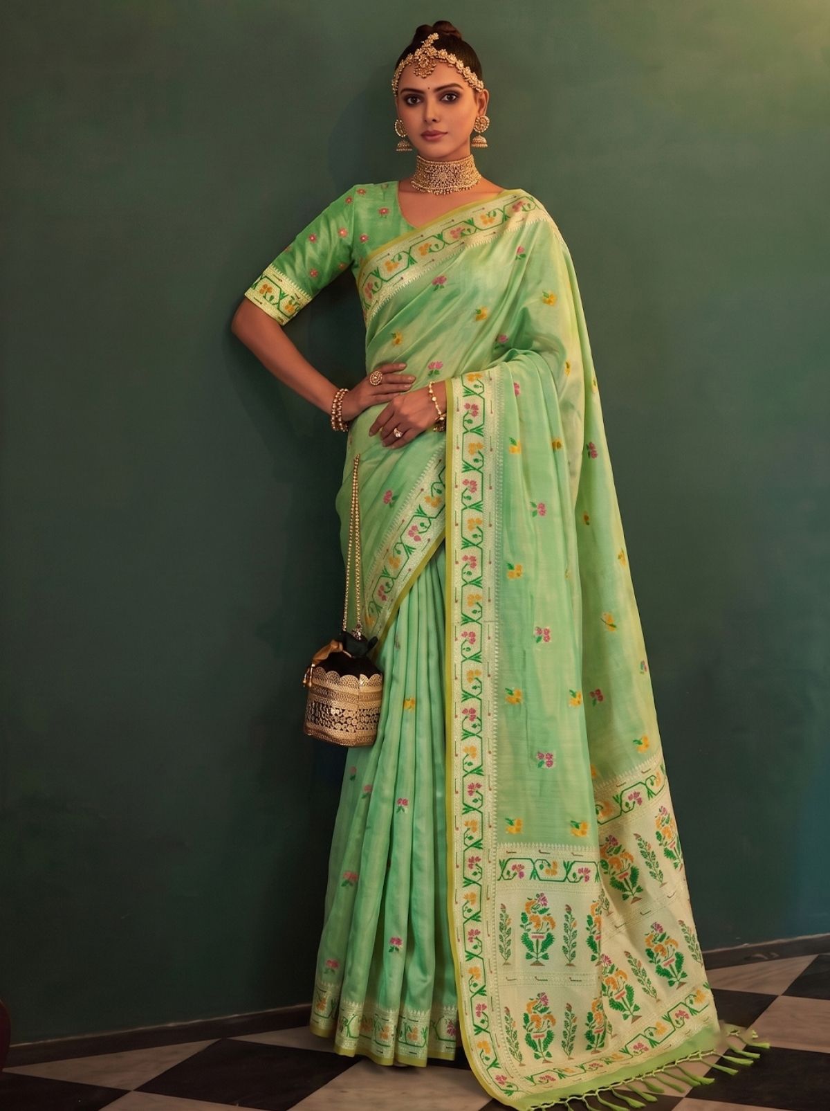 Pistachio Green Opulent Tissue Silk Saree with Soft Gold Zari Work