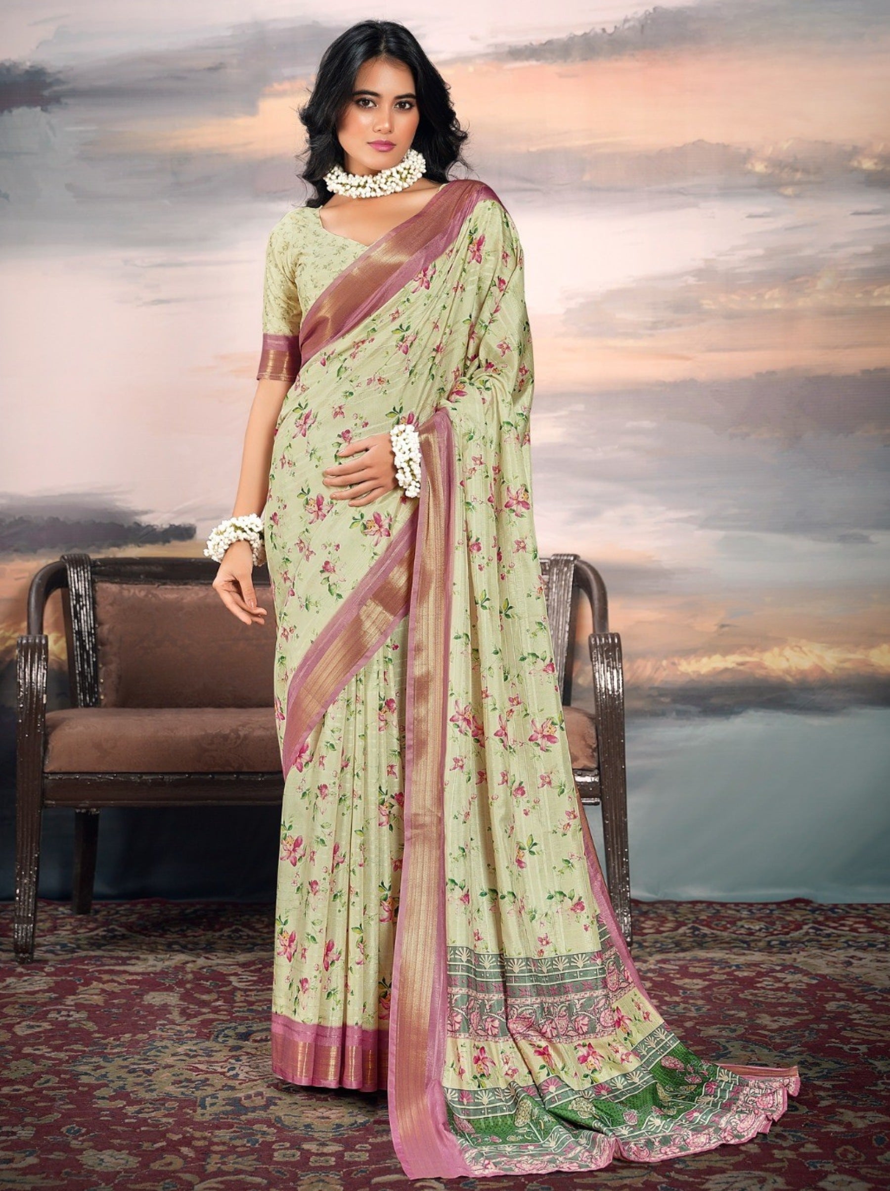 Pistachio Green Organza Festive Saree - TrendOye