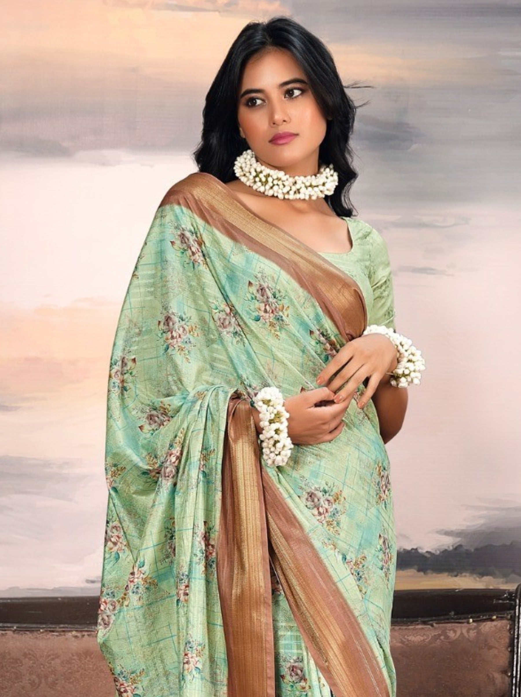 Pastel Green Organza Festive Saree - TrendOye