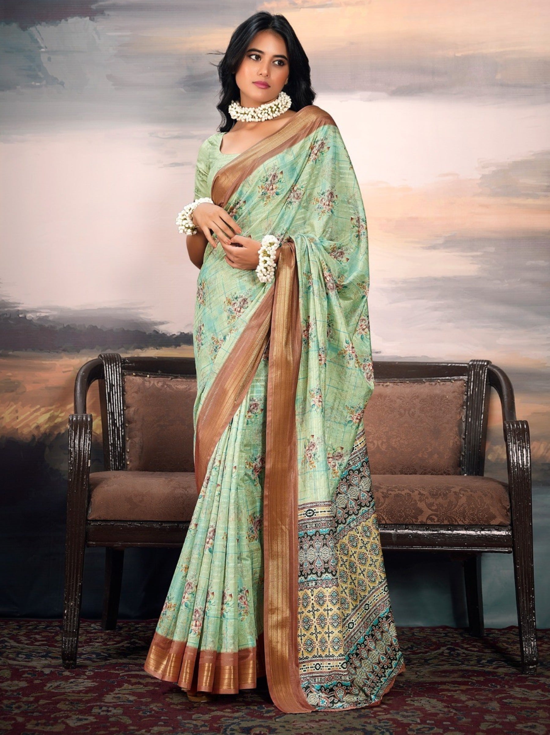 Pastel Green Organza Festive Saree - TrendOye