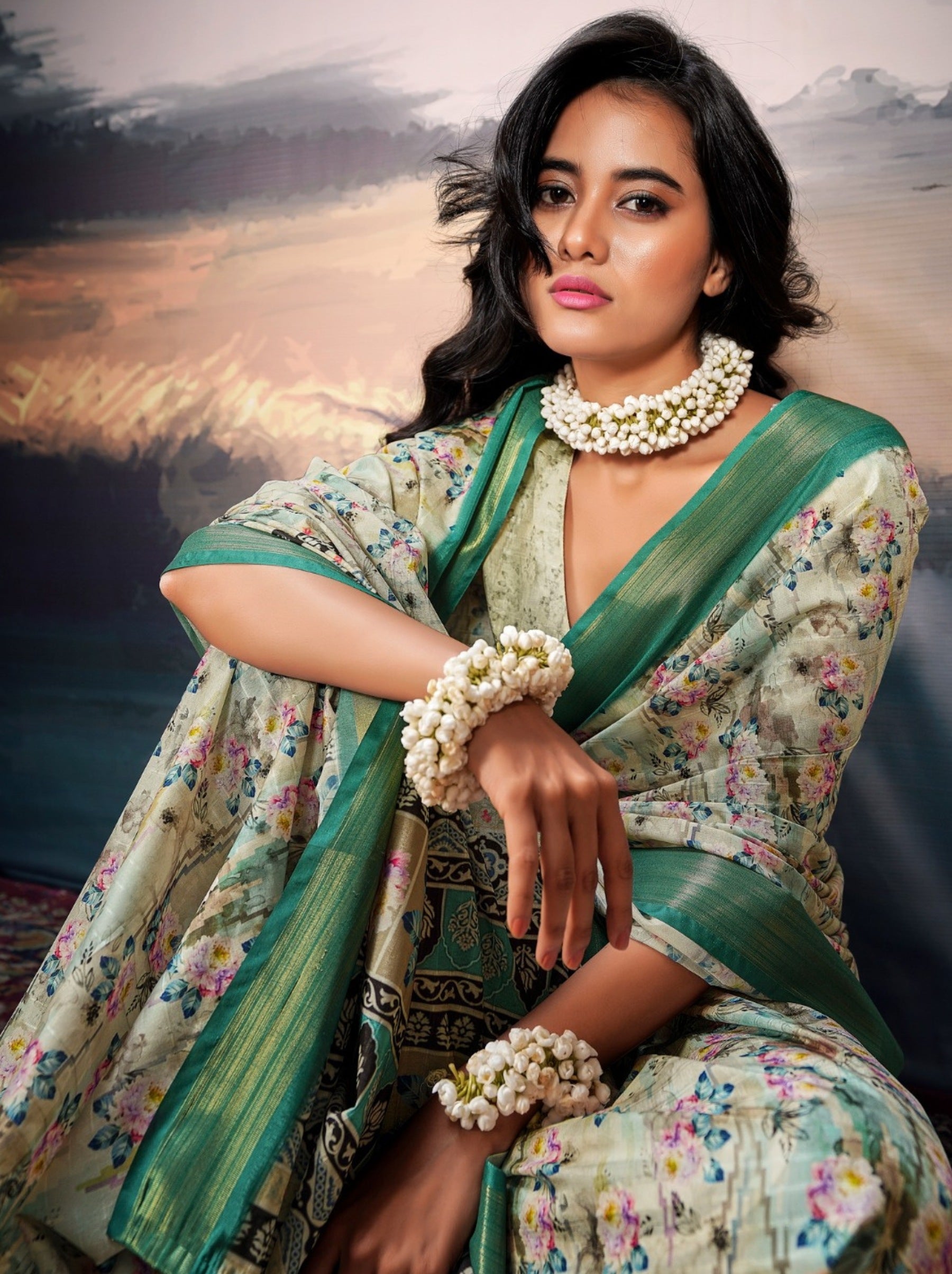 Tea Green Organza Festive Saree - TrendOye