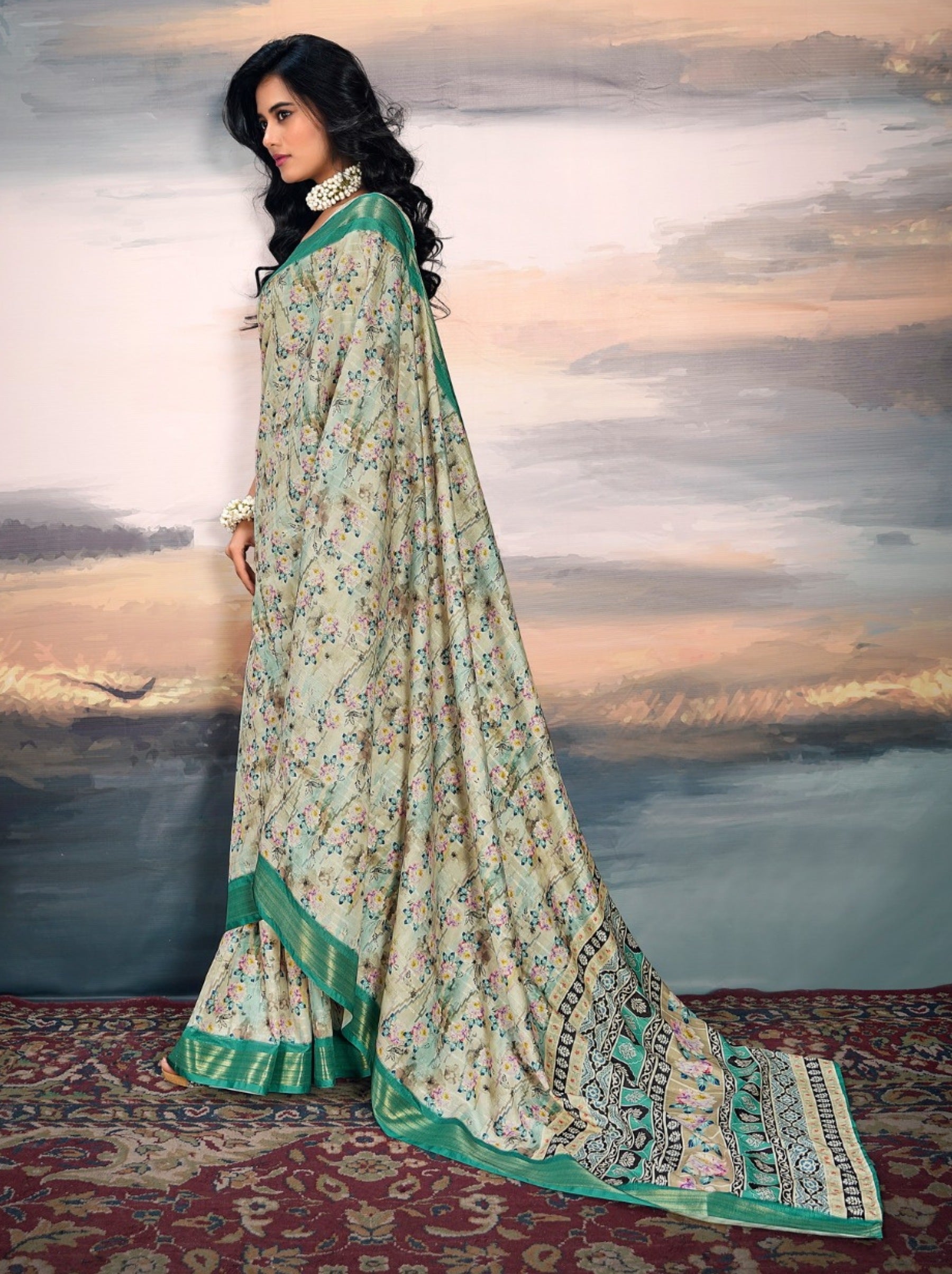 Tea Green Organza Festive Saree - TrendOye