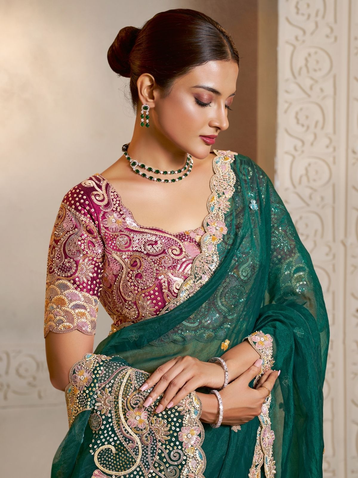 Forest Green Organza Satin Wedding Saree With Blouse Piece