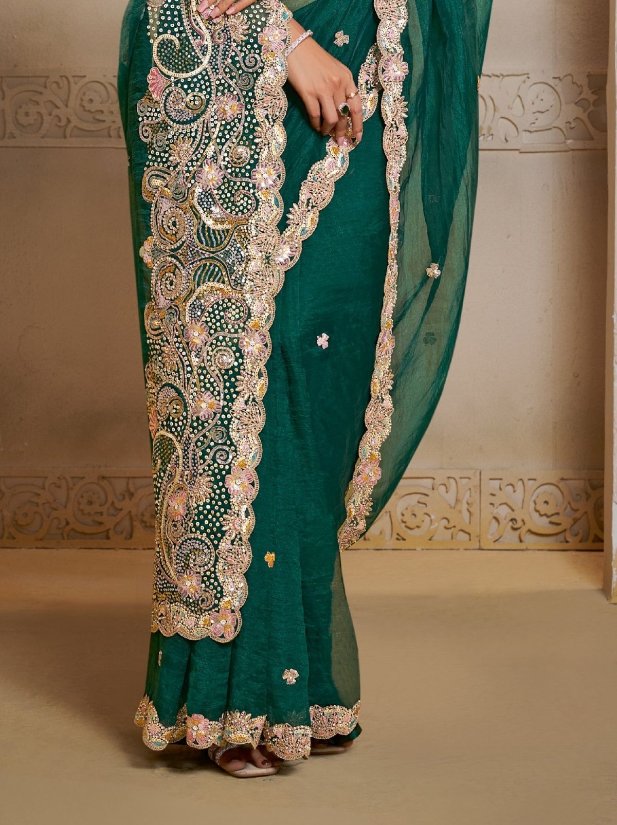 Forest Green Organza Satin Wedding Saree With Blouse Piece