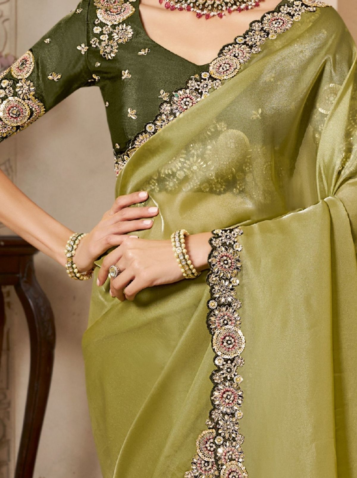 Apple Green Organza Satin Wedding Saree With Blouse Piece