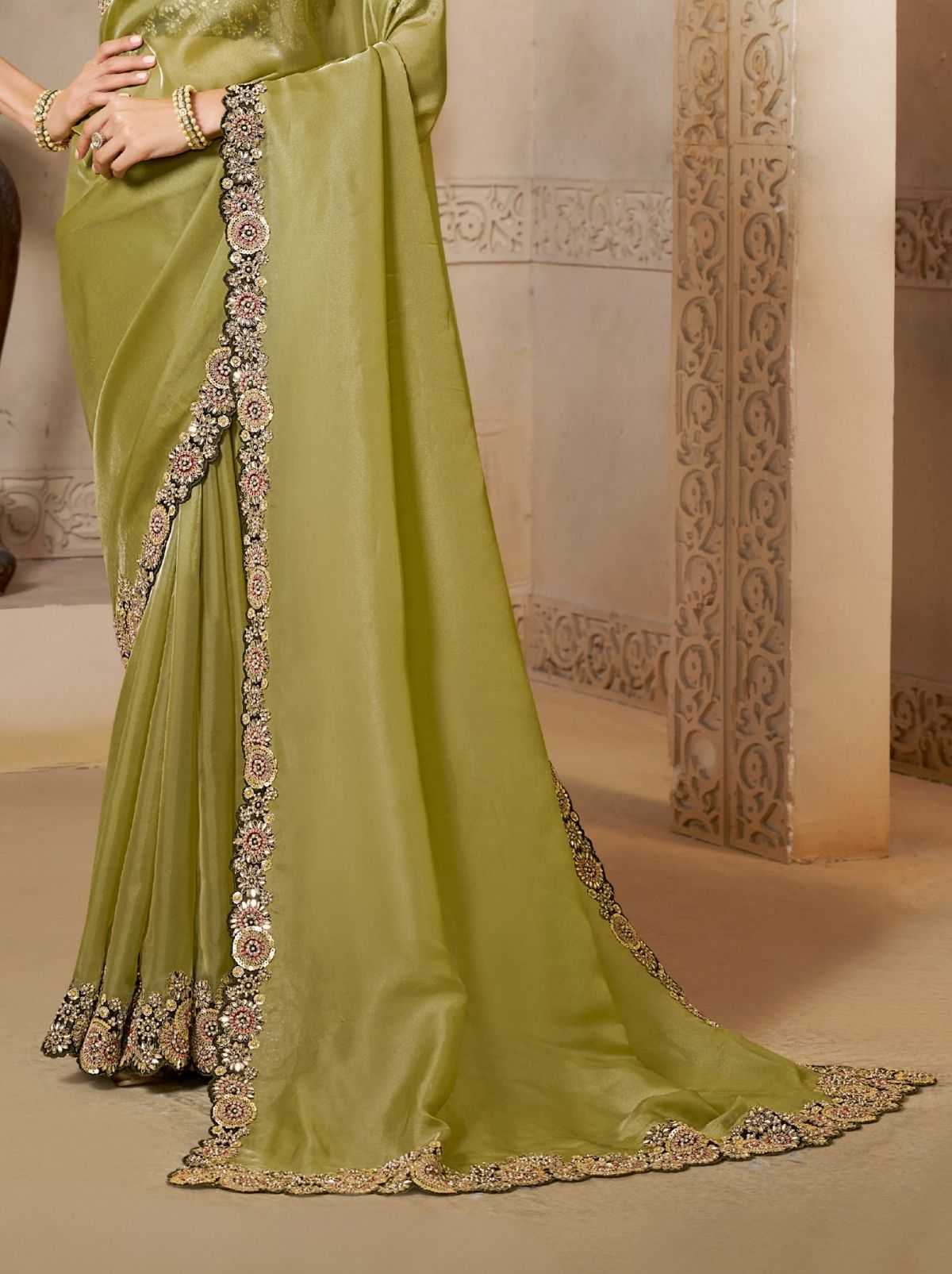 Apple Green Organza Satin Wedding Saree With Blouse Piece
