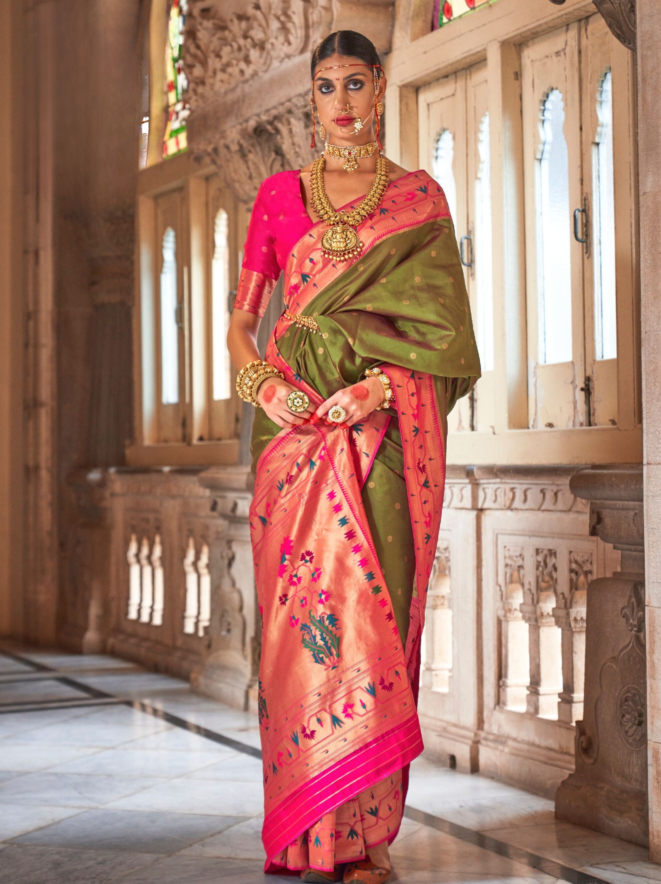 Olive Green Paithani Designer Wedding Silk Saree - TrendOye
