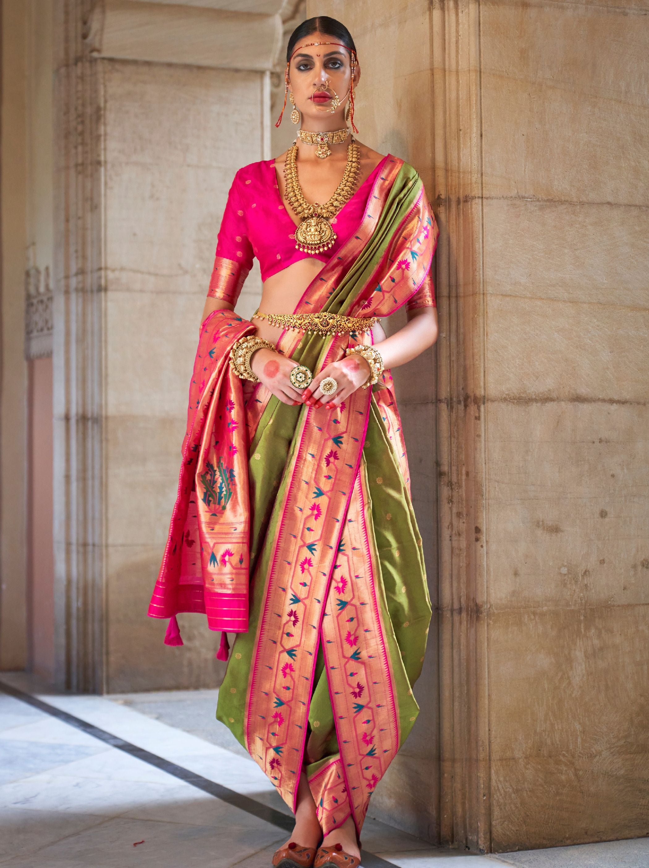 Olive Green Paithani Designer Wedding Silk Saree - TrendOye