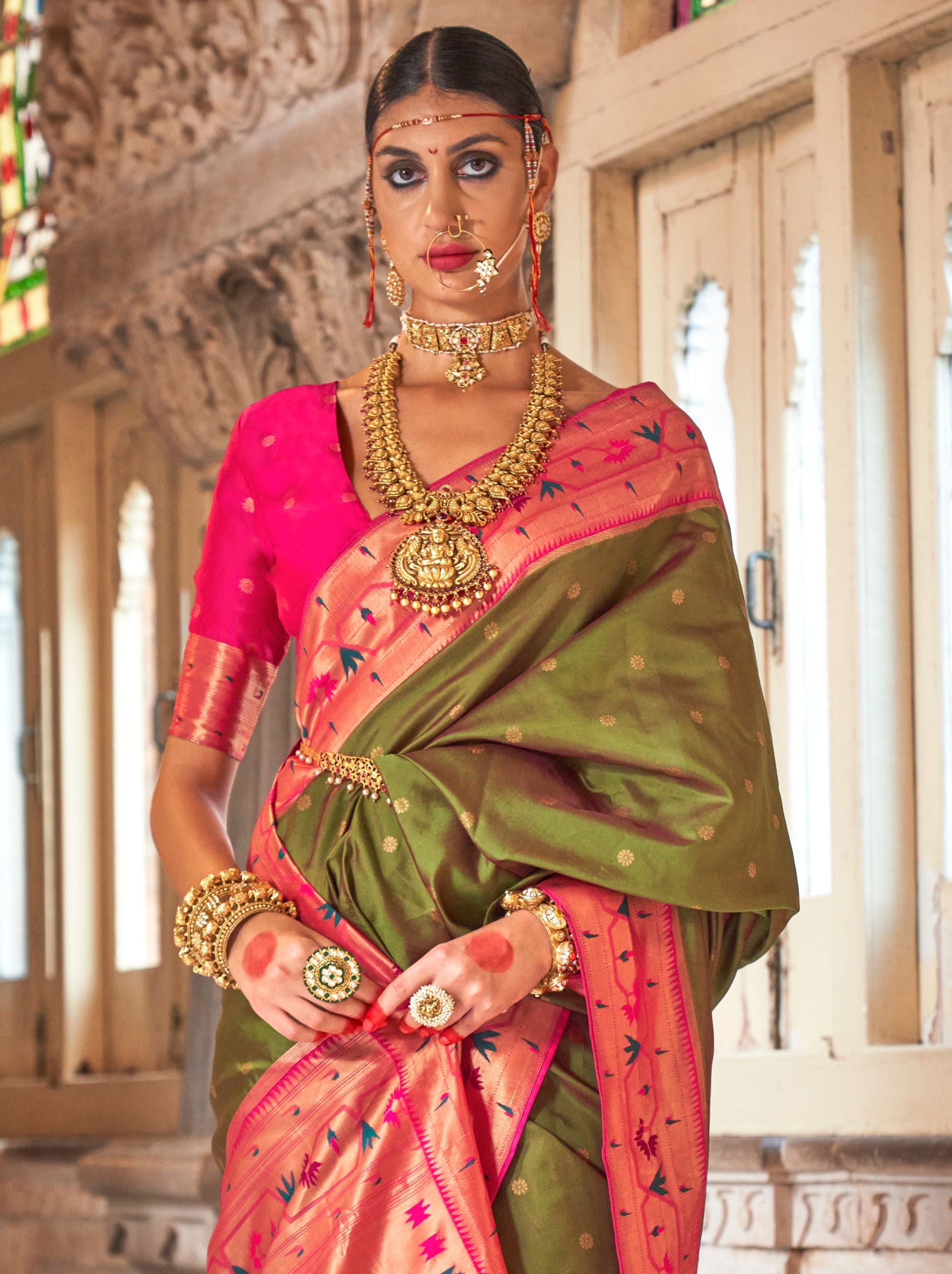 Olive Green Paithani Designer Wedding Silk Saree - TrendOye