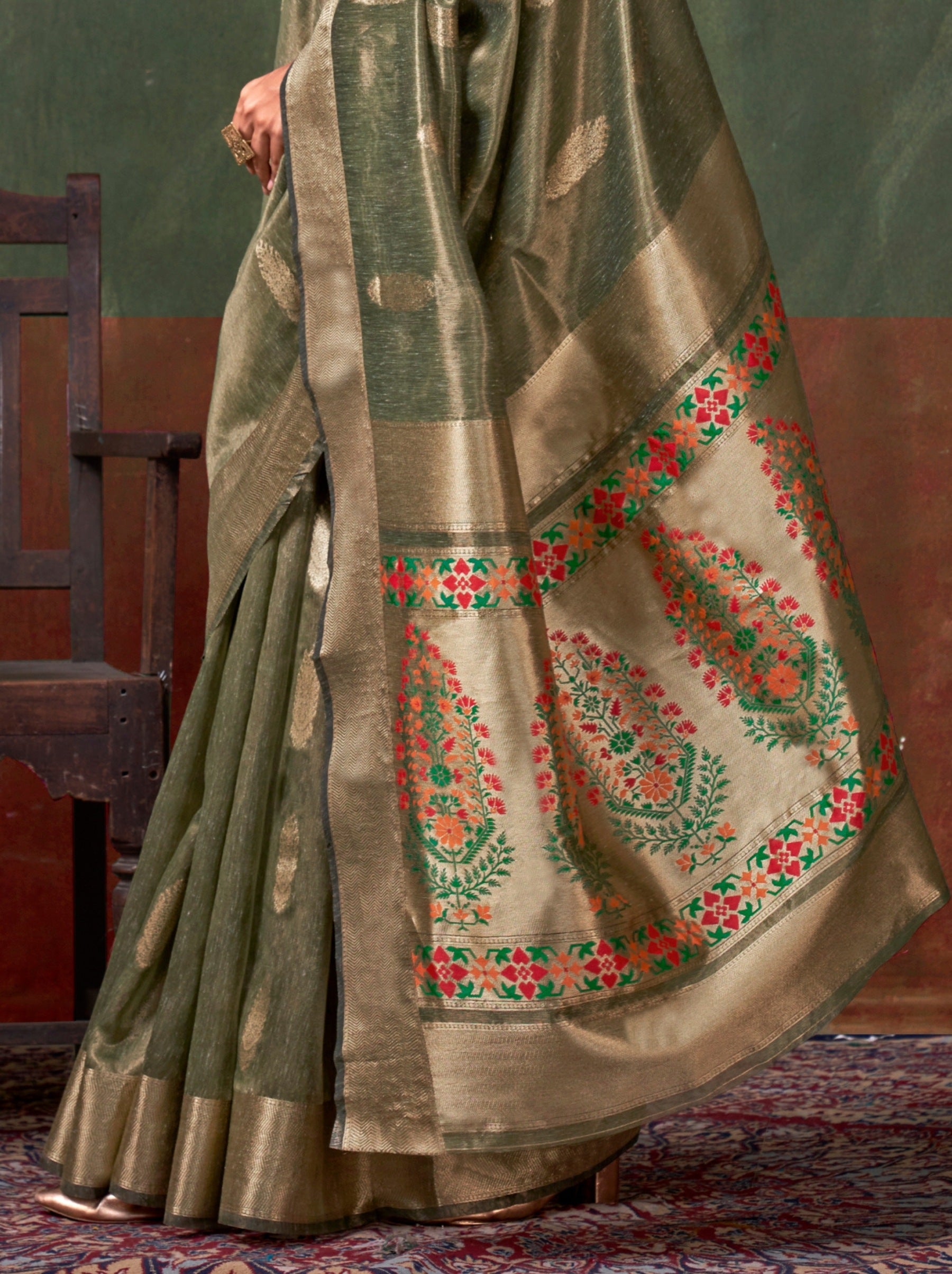Uniform Green Paithani Zari Tissue Silk Party Saree - TrendOye