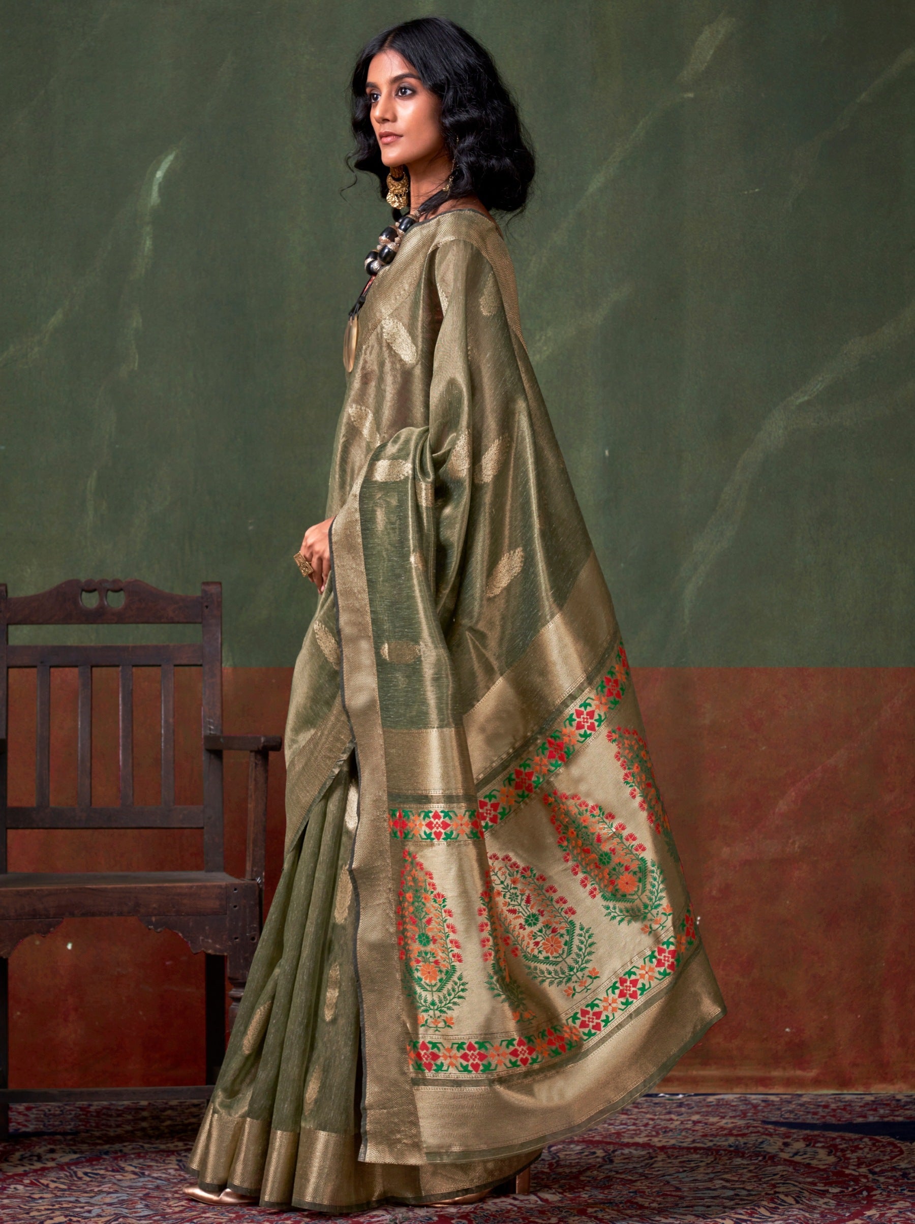 Uniform Green Paithani Zari Tissue Silk Party Saree - TrendOye