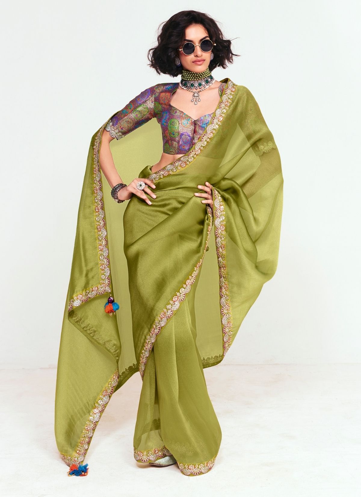 Olive Green Party Fancy Premium Saree With Fine Blouse Piece - TrendOye