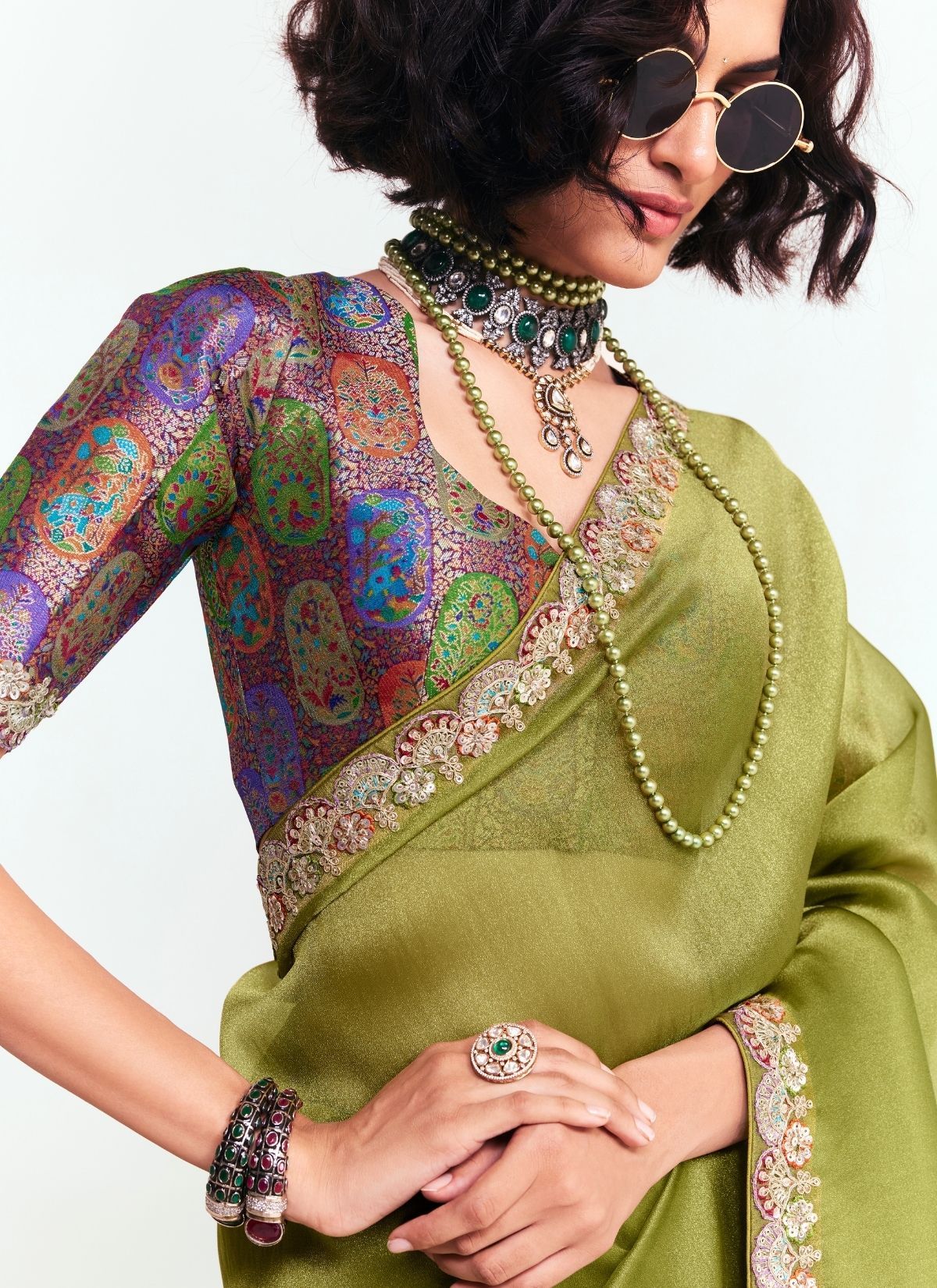 Olive Green Party Fancy Premium Saree With Fine Blouse Piece - TrendOye