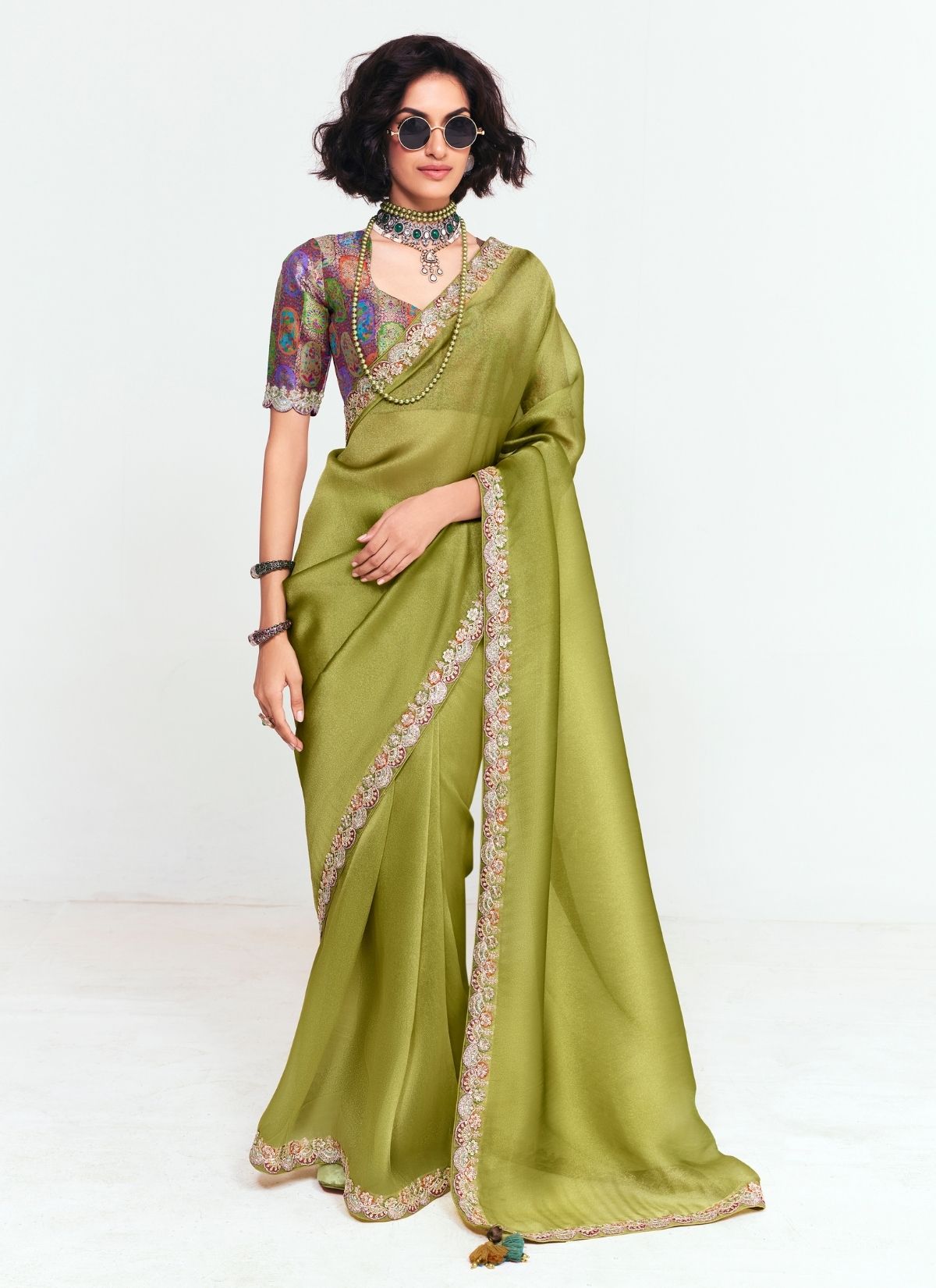 Olive Green Party Fancy Premium Saree With Fine Blouse Piece - TrendOye