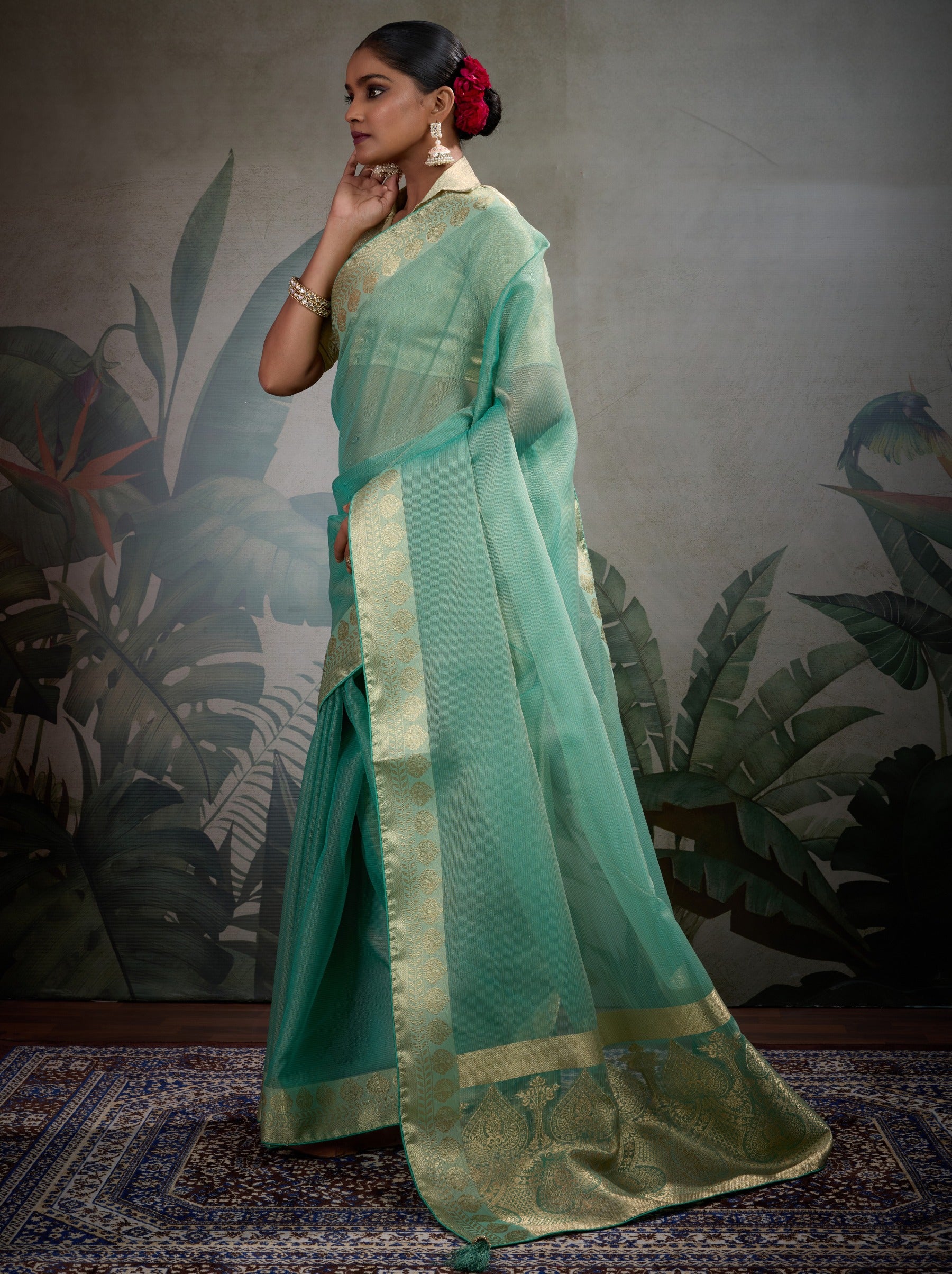 Persian Green Fancy Tissue Silk Saree With Blouse Piece - TrendOye