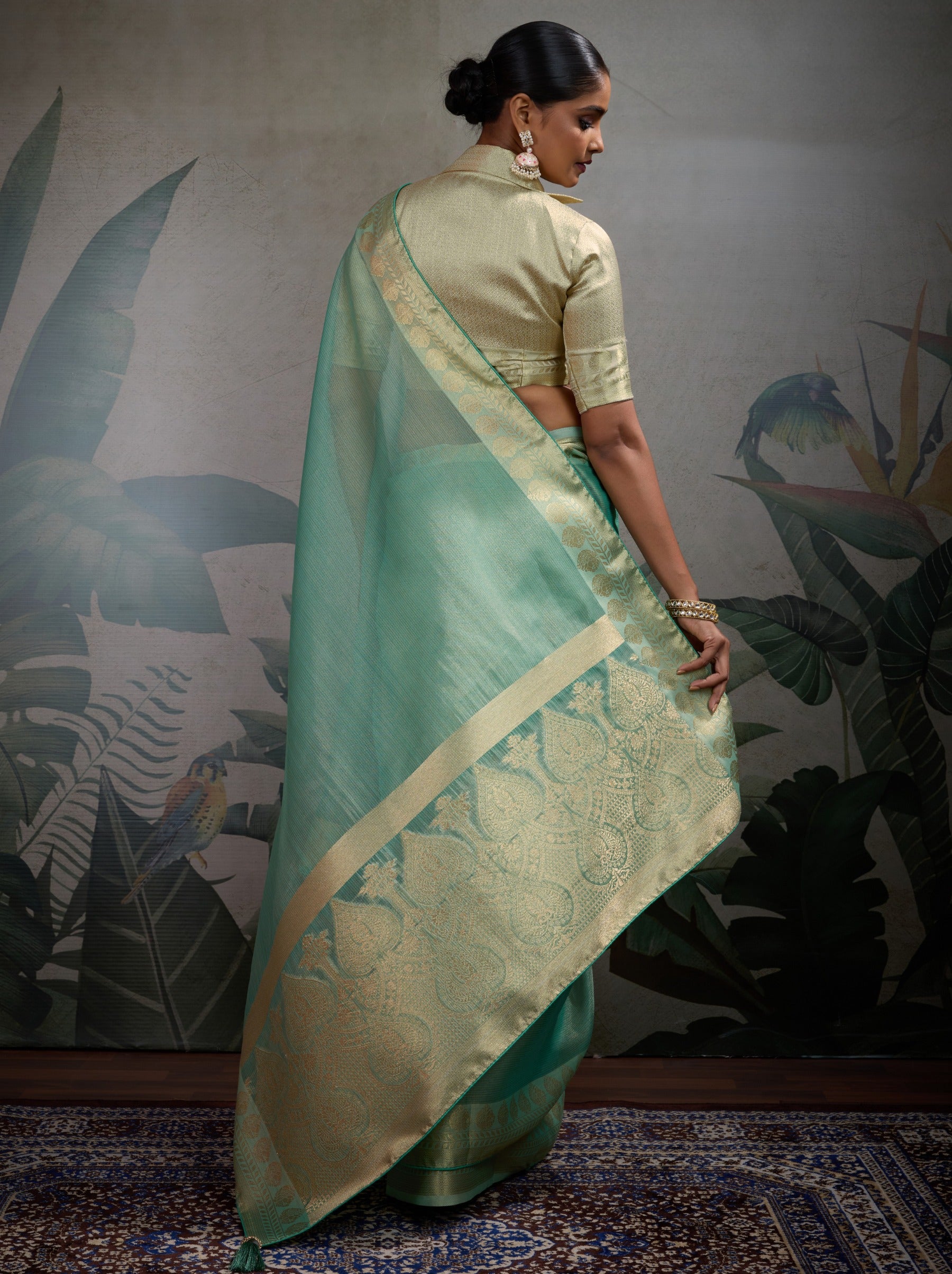 Persian Green Fancy Tissue Silk Saree With Blouse Piece - TrendOye