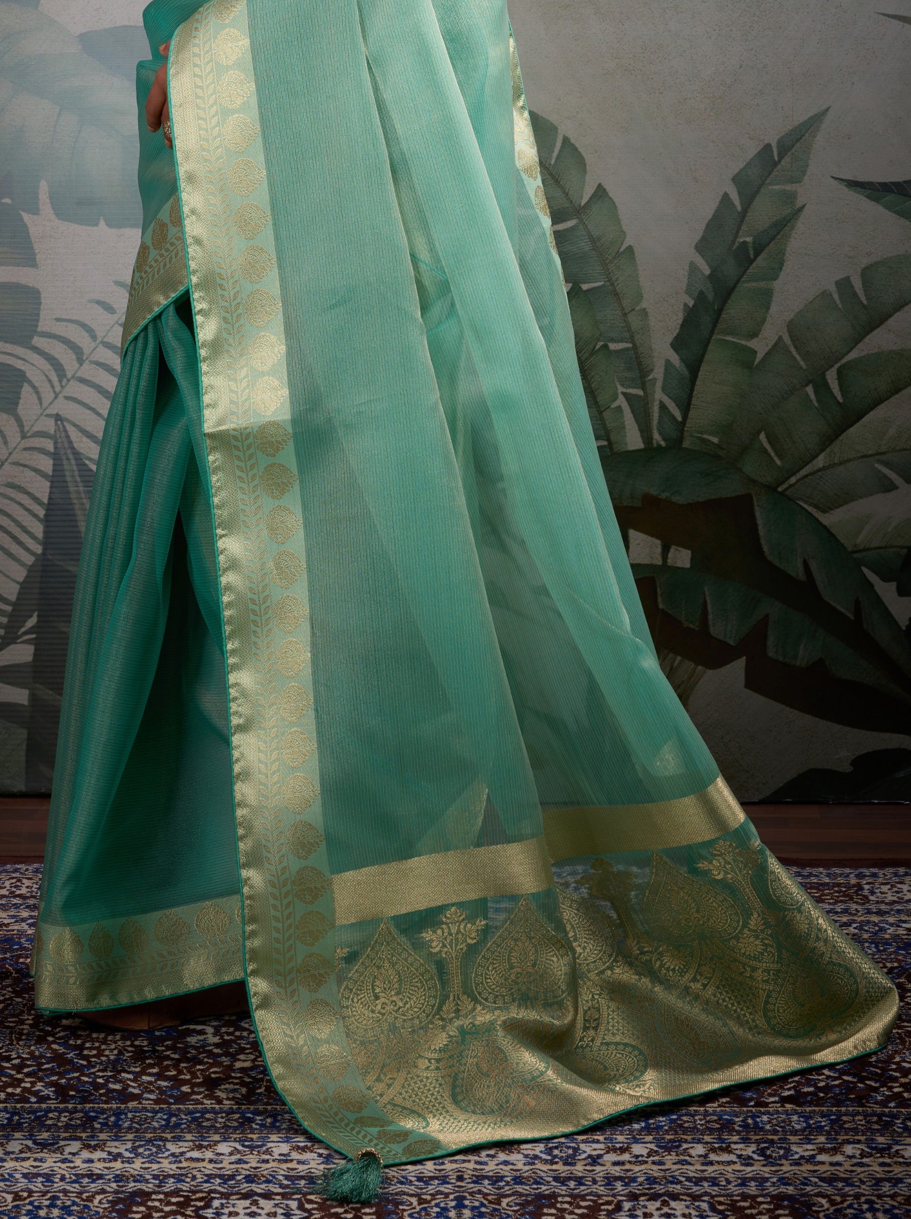 Persian Green Fancy Tissue Silk Saree With Blouse Piece - TrendOye