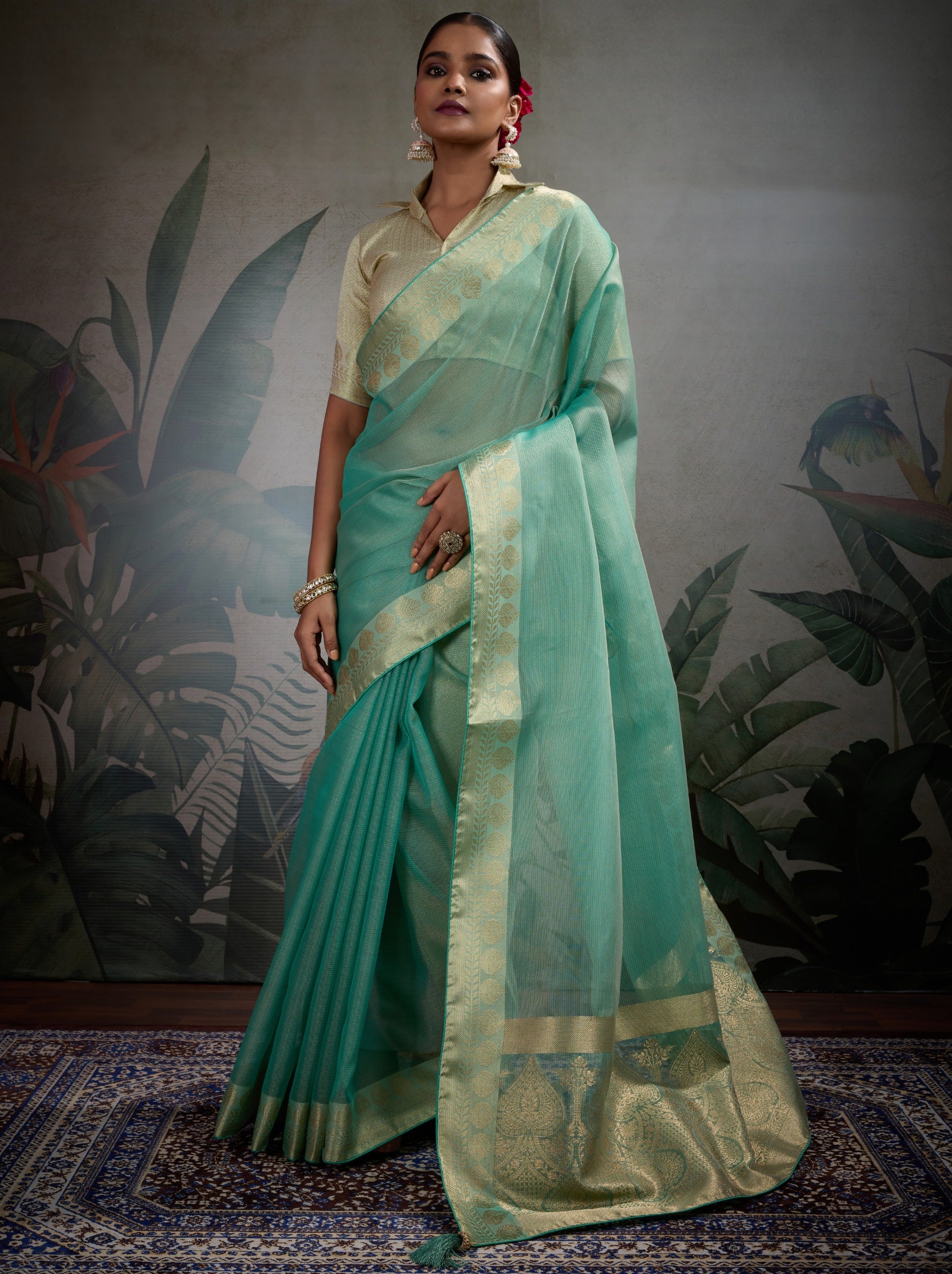 Persian Green Fancy Tissue Silk Saree With Blouse Piece - TrendOye