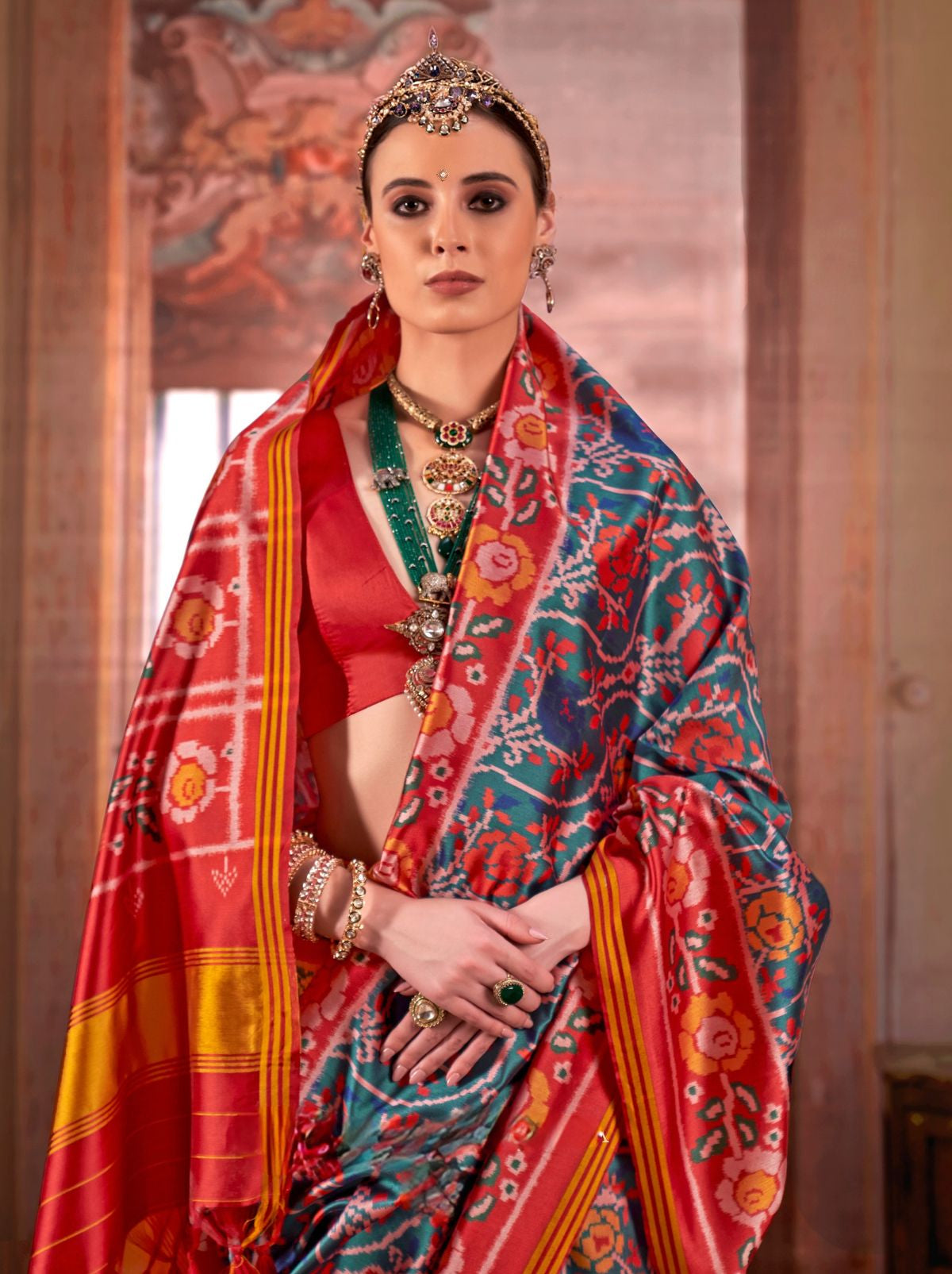 Persian Green Patola Silk Saree With Blouse Piece