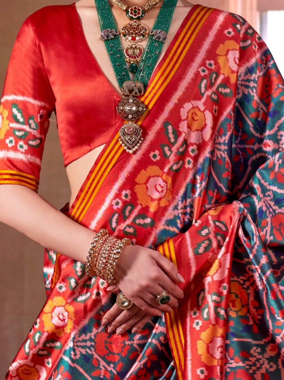 Persian Green Patola Silk Saree With Blouse Piece