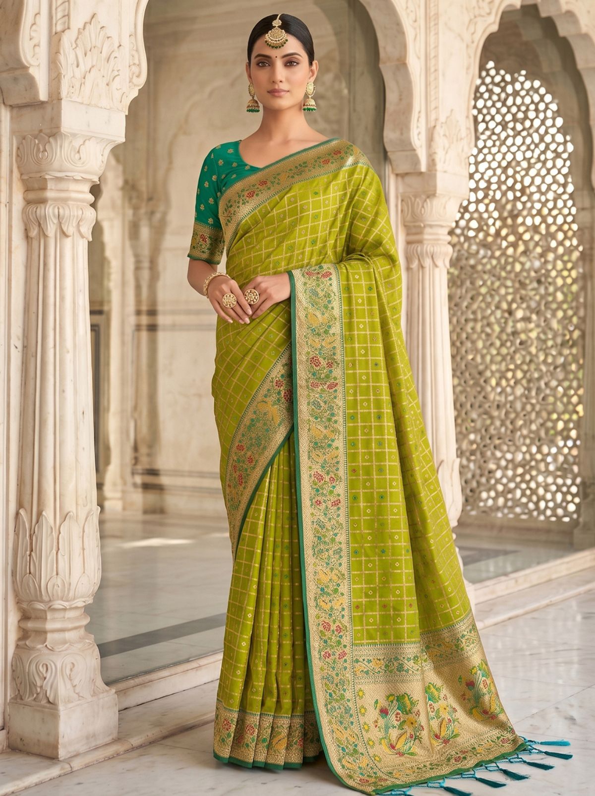 Apple Green Premium Banarasi Silk Saree With Tassels Work