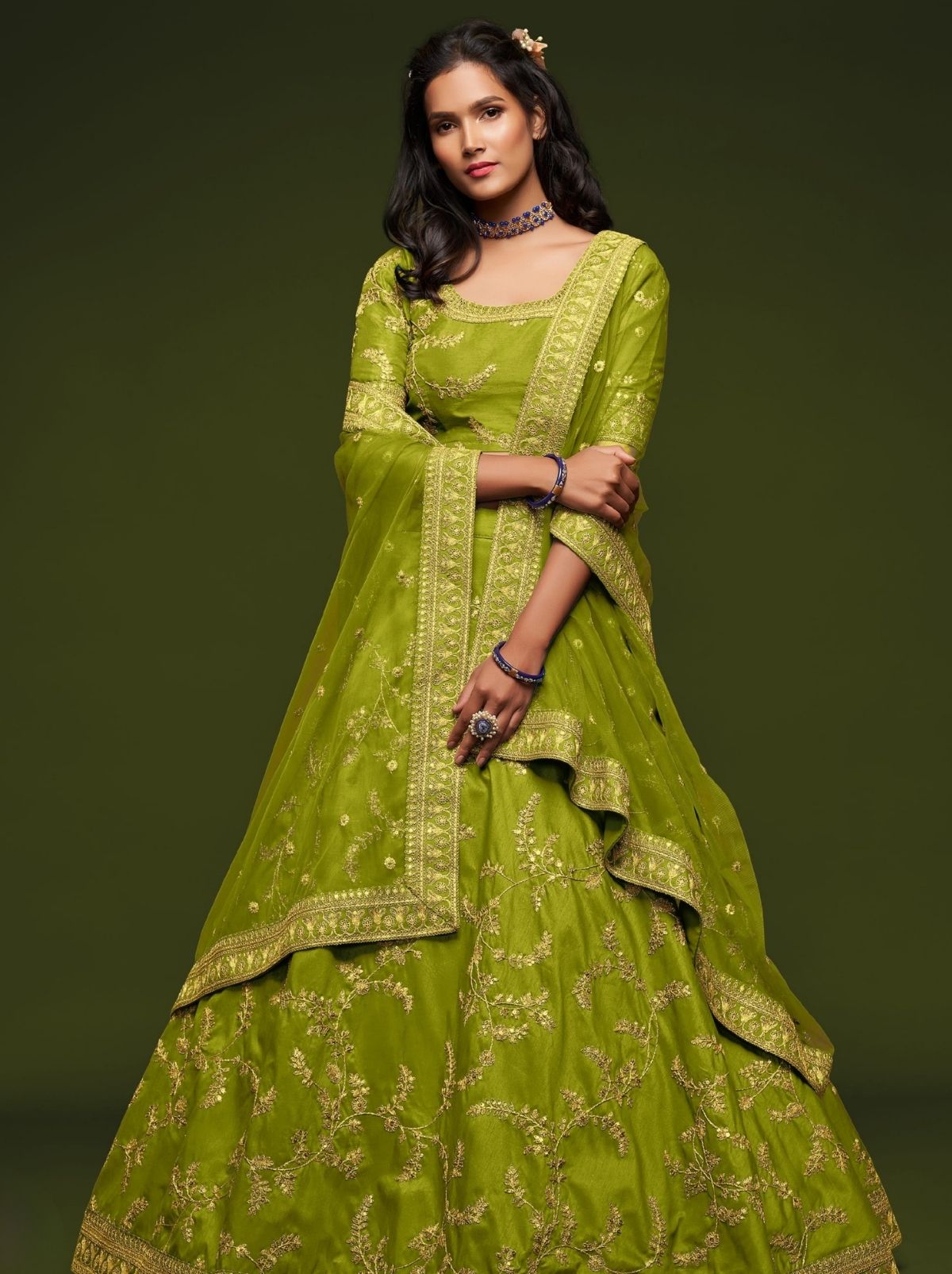Parrot Green Premium Celebration Lehenga Set With Sequin & Zari Work