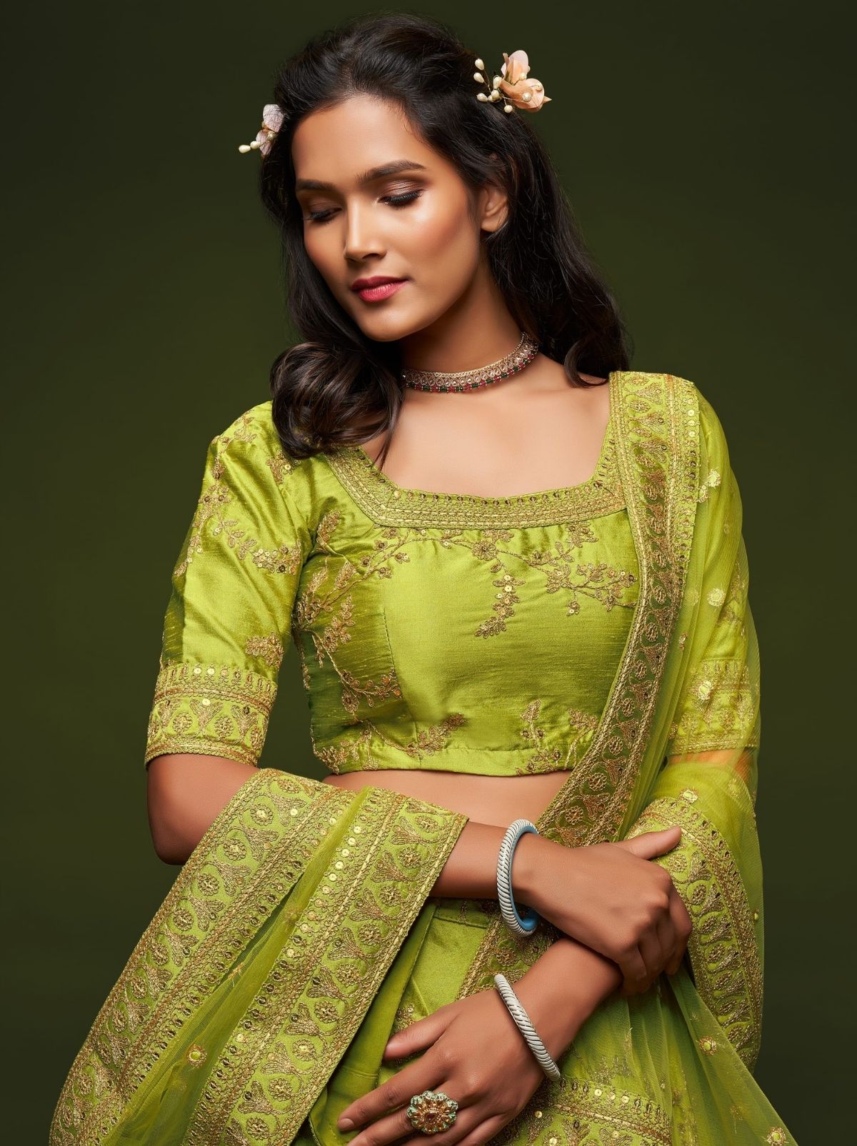 Parrot Green Premium Celebration Lehenga Set With Sequin & Zari Work