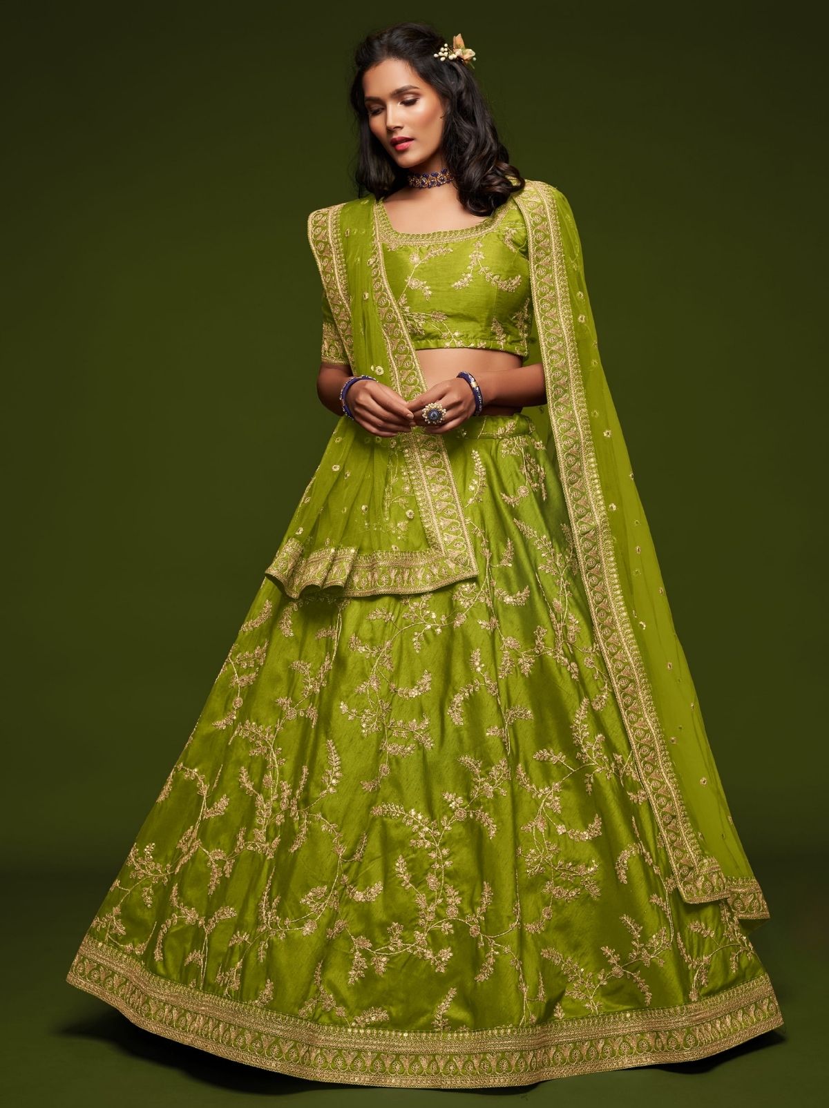 Parrot Green Premium Celebration Lehenga Set With Sequin & Zari Work
