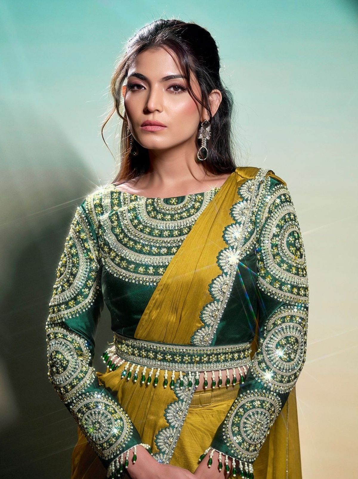 Olive Green Premium Chiffon Satin Silk Ready to Wear Saree with Belt