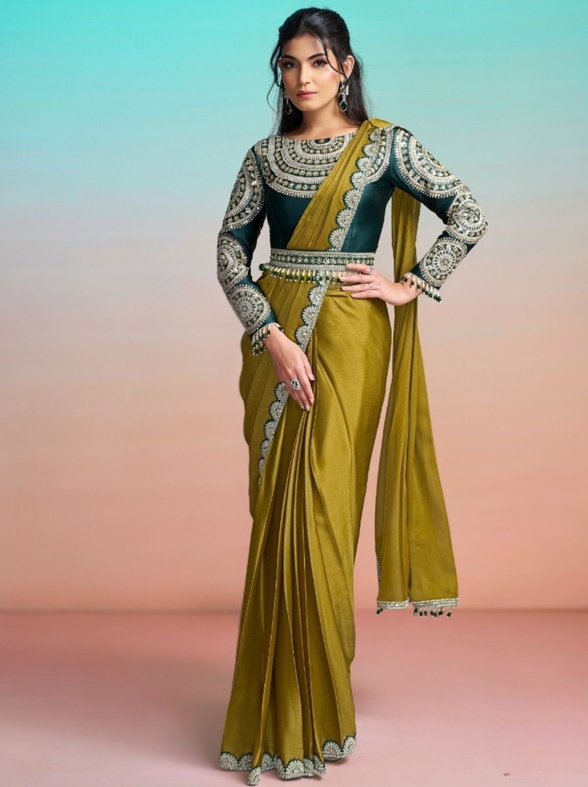 Olive Green Premium Chiffon Satin Silk Ready to Wear Saree with Belt