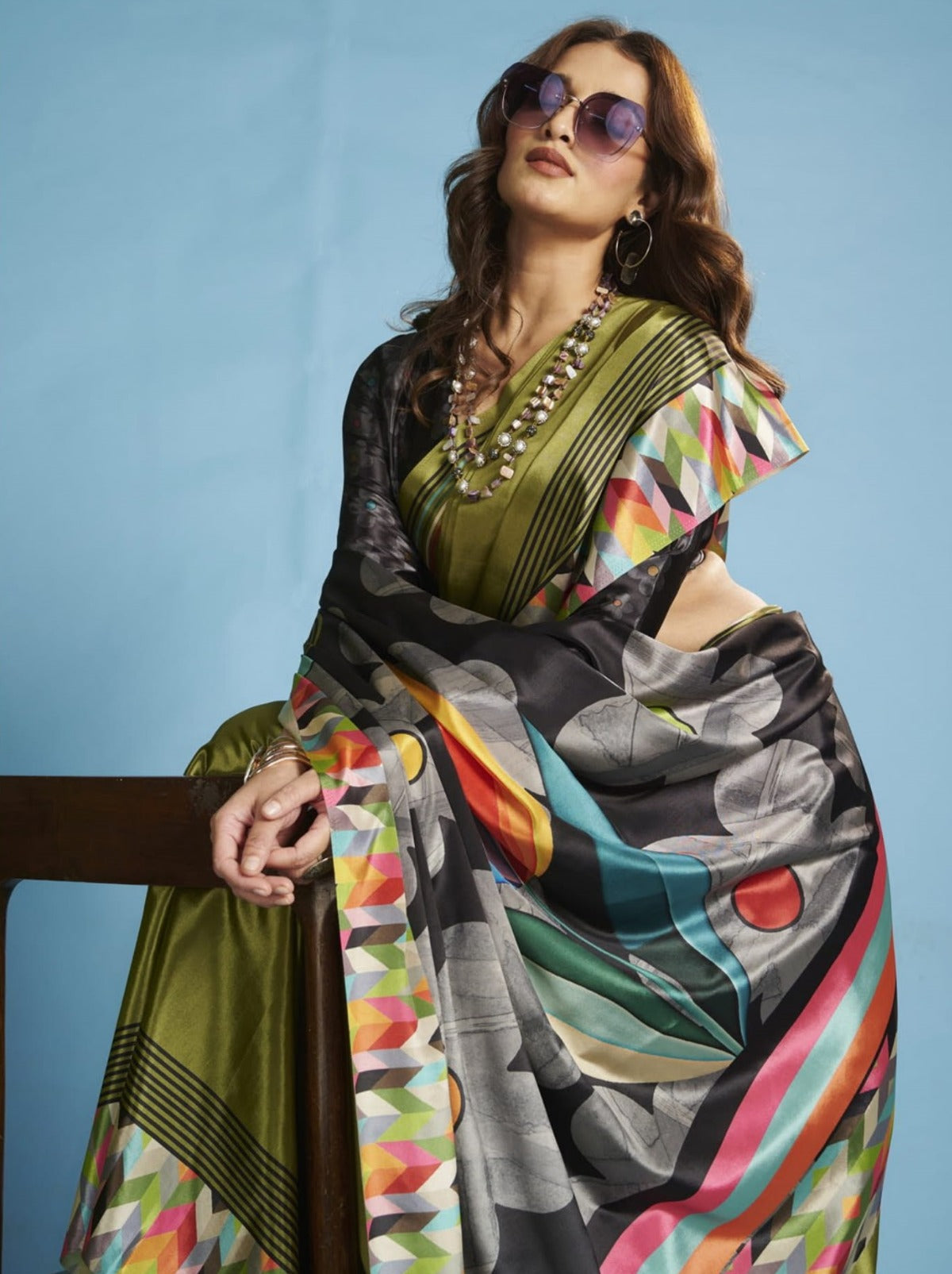 Olive Green Premium Crepe Silk Saree With Abstract Print