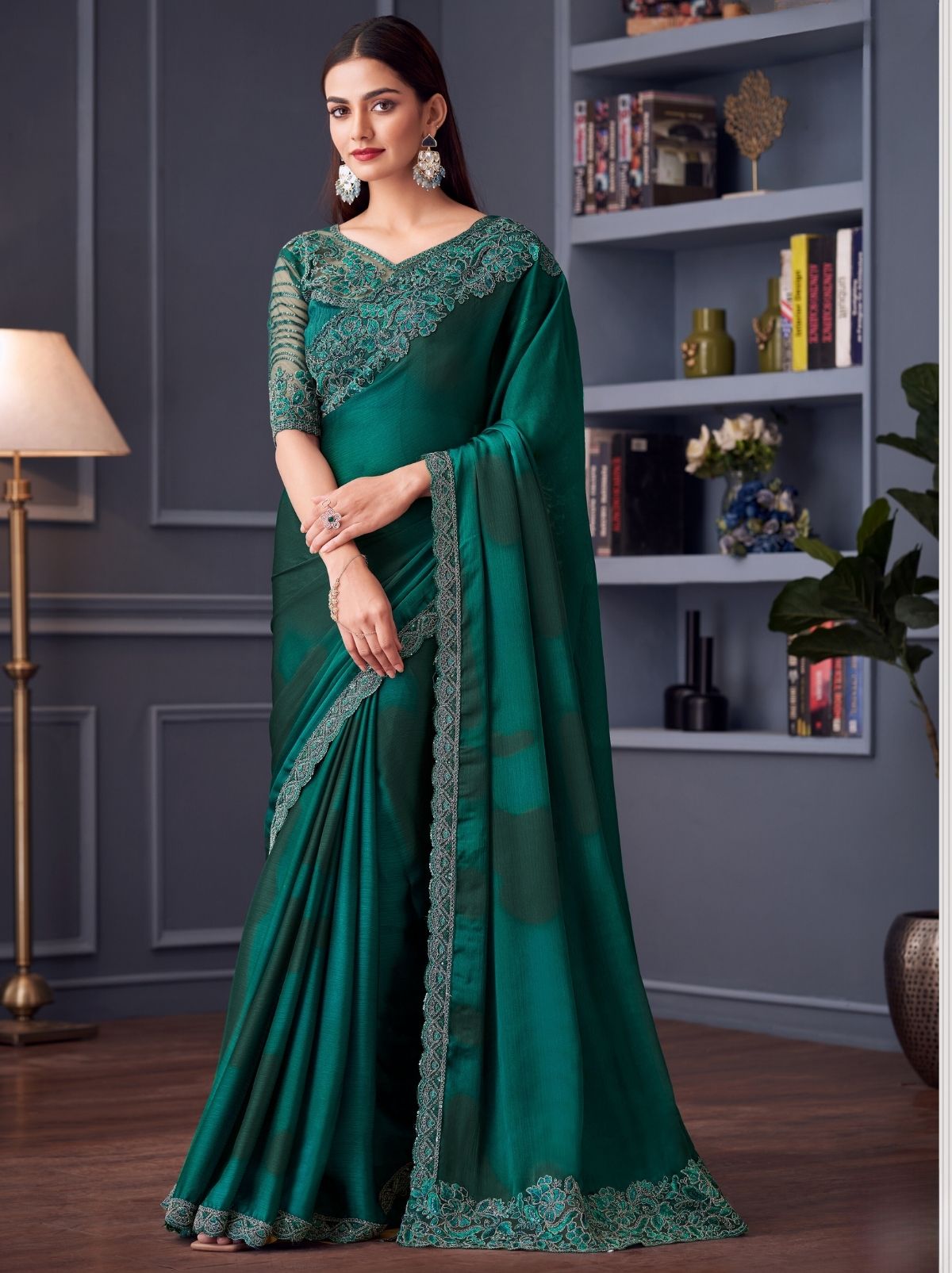 Teal Green Party Designer Saree - TrendOye