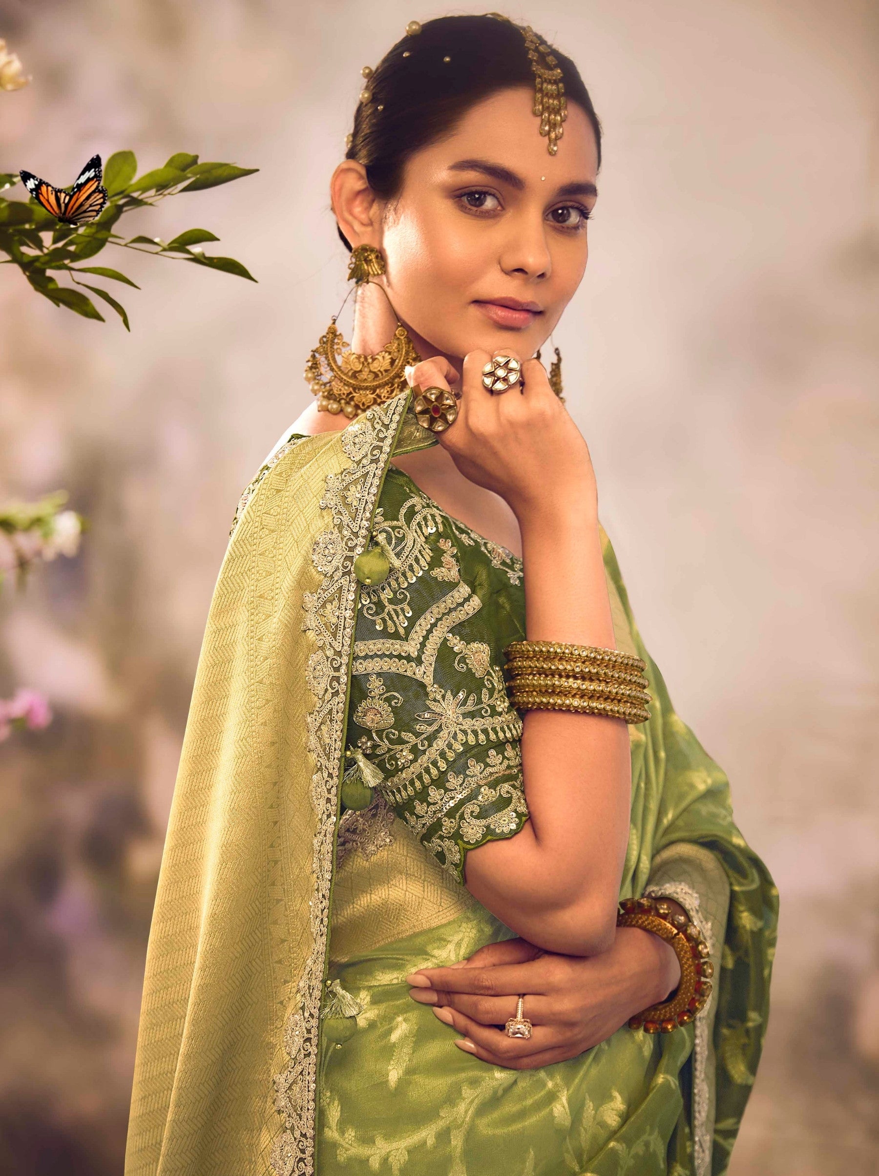 Olive Green Wedding And Celebration Saree - TrendOye