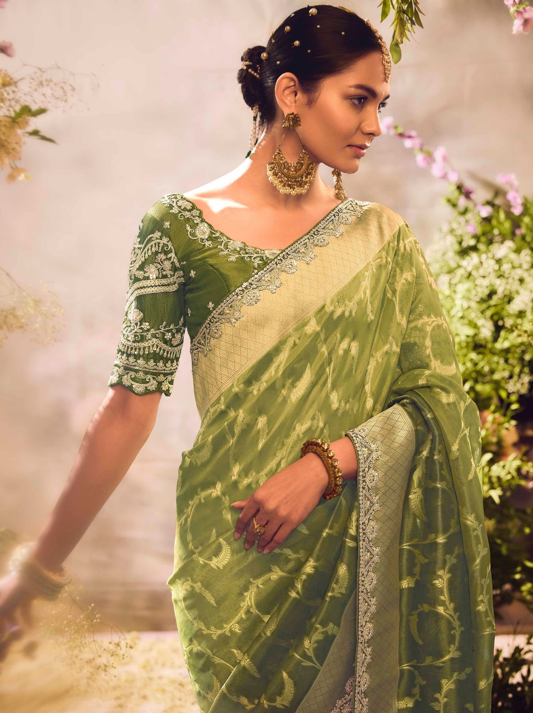 Olive Green Wedding And Celebration Saree - TrendOye