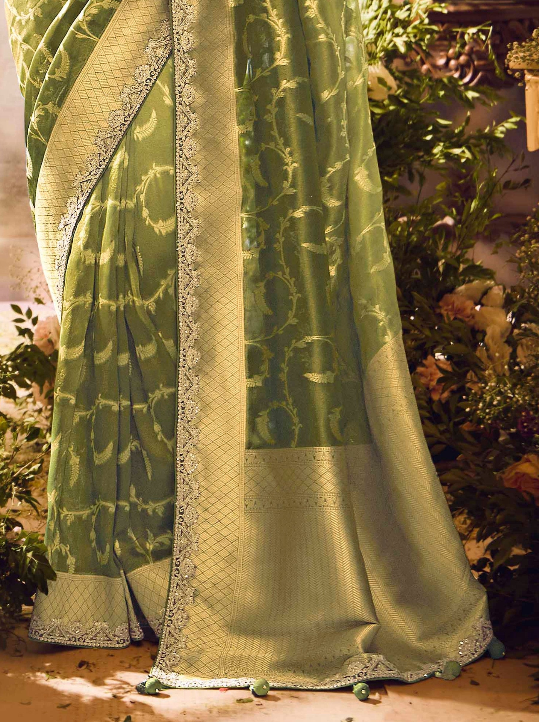 Olive Green Wedding And Celebration Saree - TrendOye