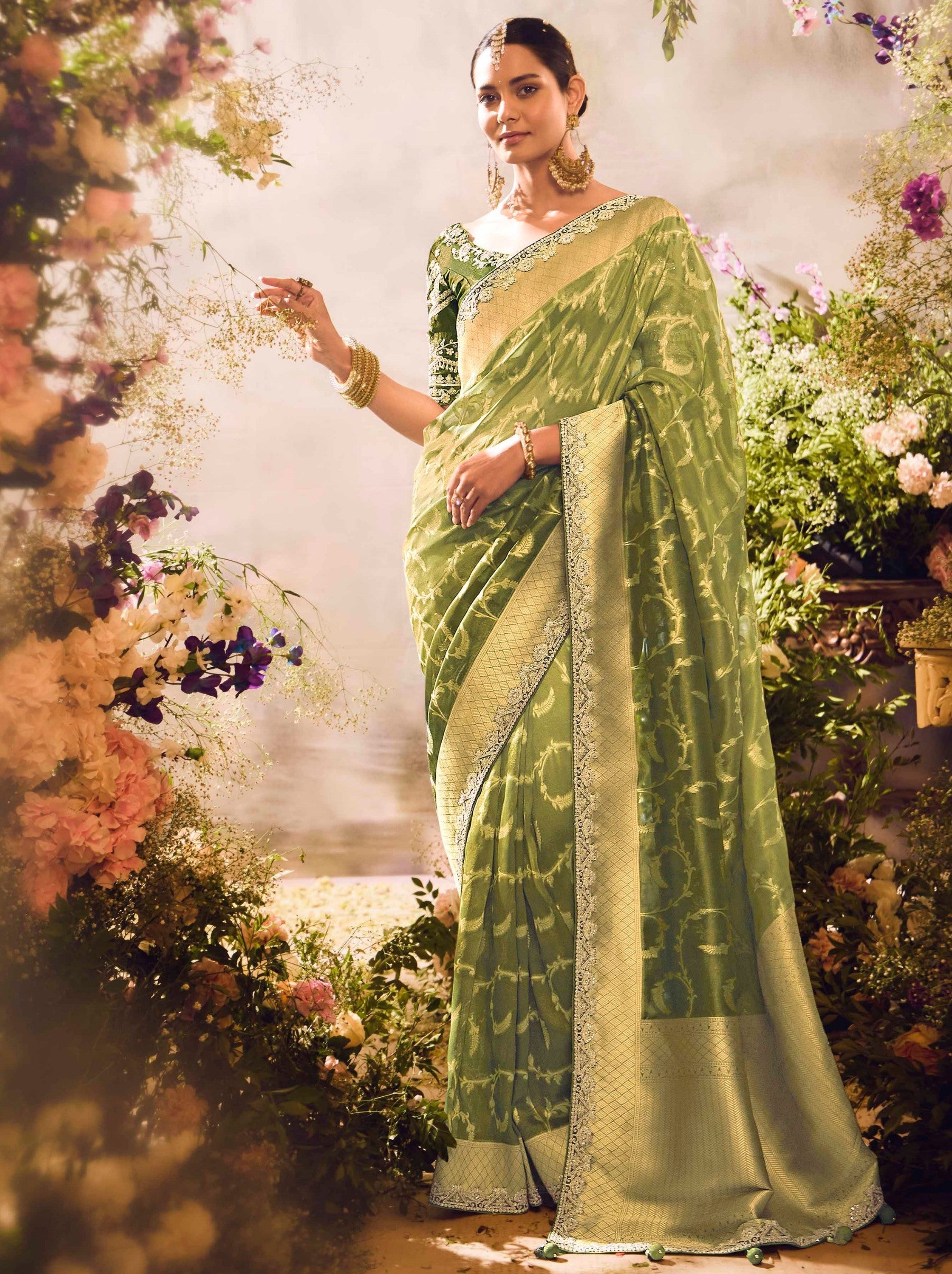 Olive Green Wedding And Celebration Saree - TrendOye
