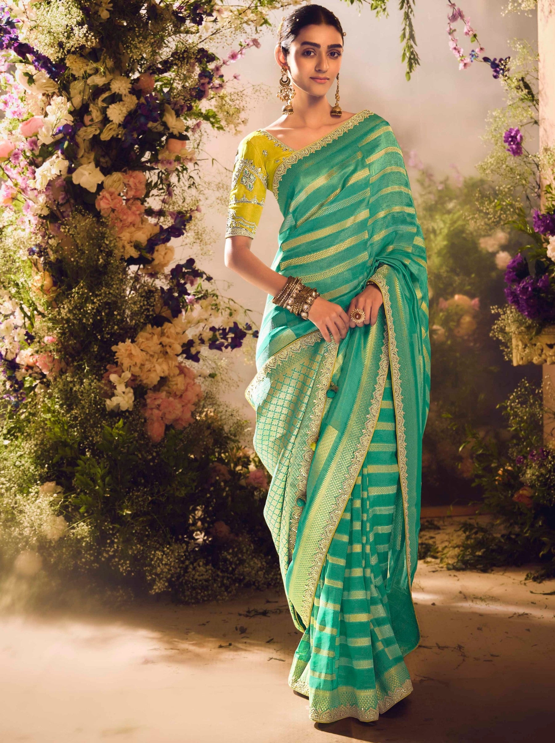Jungle Green Wedding And Celebration Saree - TrendOye