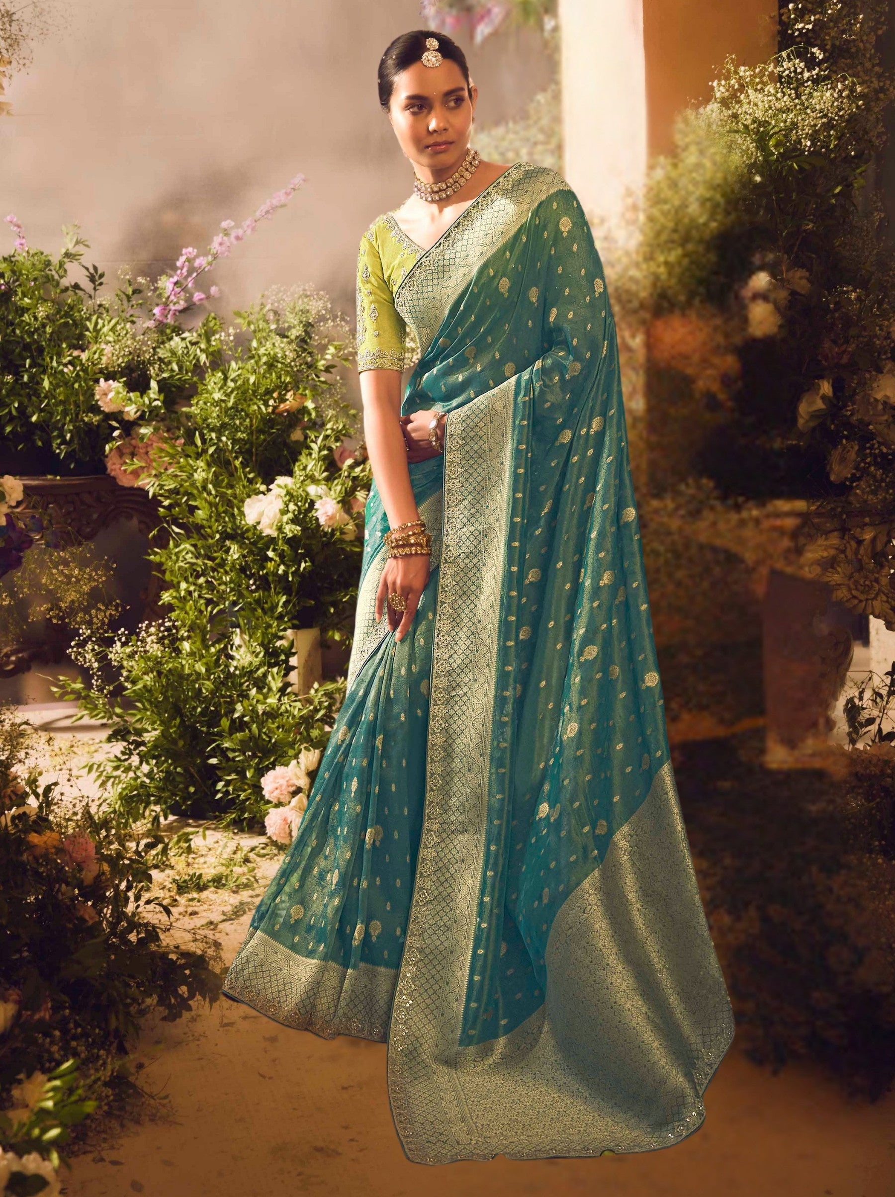 Pine Green Wedding And Celebration Saree - TrendOye