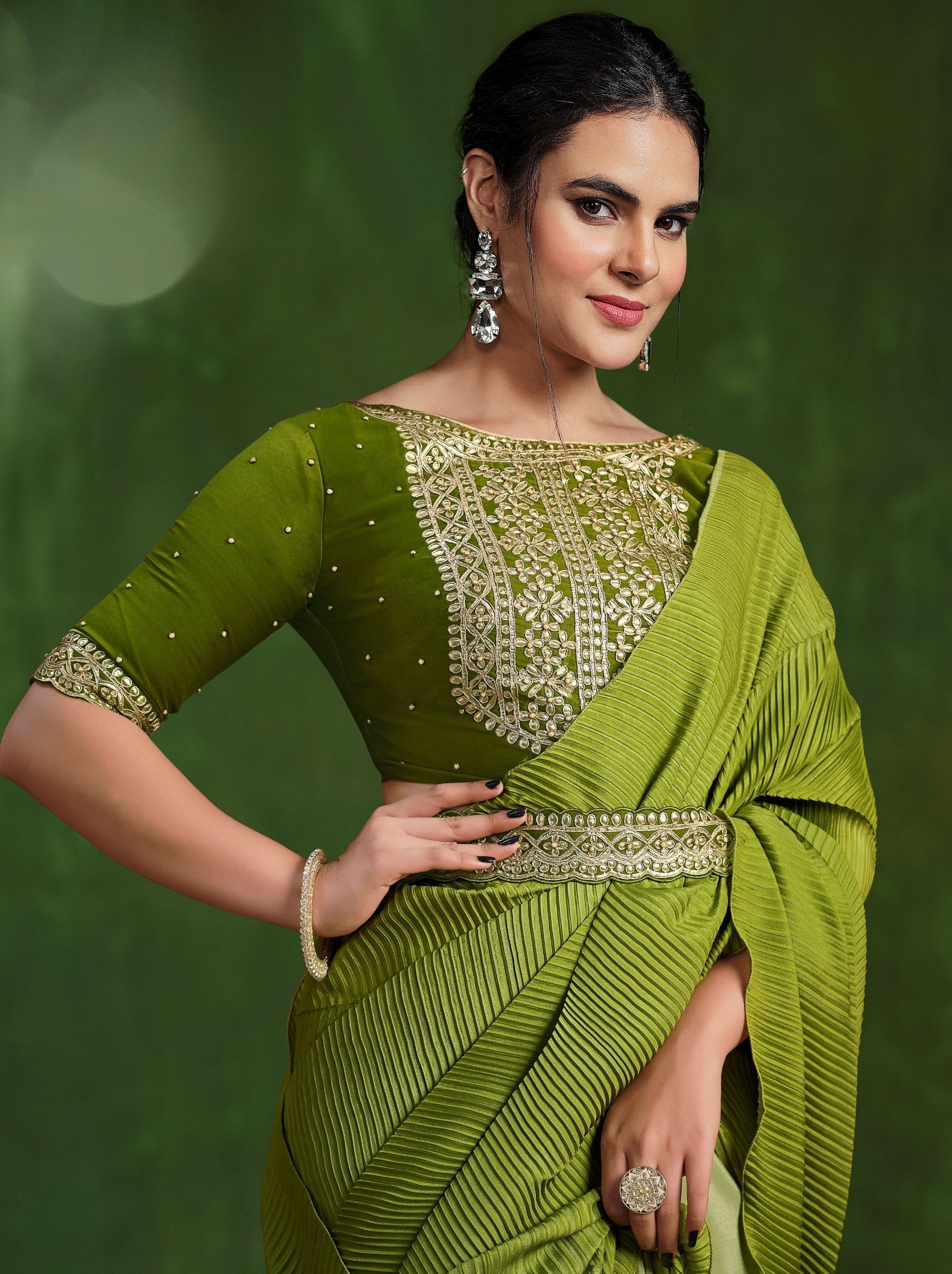 Lawn Green Celebration Saree - TrendOye