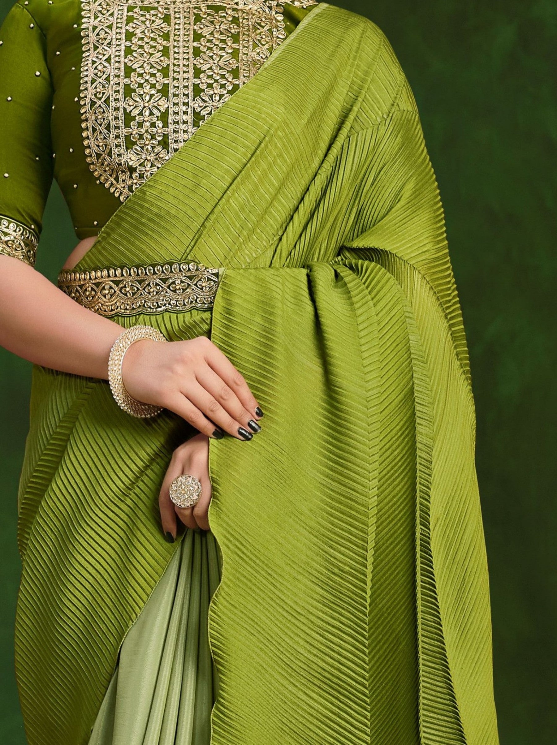 Lawn Green Celebration Saree - TrendOye